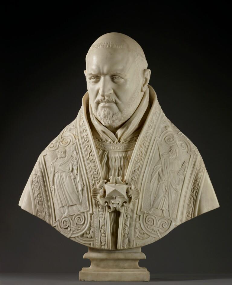 A life-sized white marble bust of an older Pope Paul V from the chest up wearing embroidered vestments.