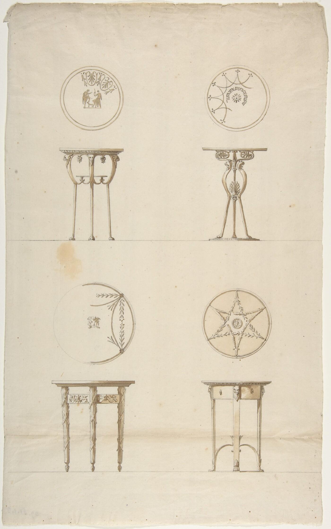  Four hand drawn three-legged tables, showing both an overhead view and side view of the designs.