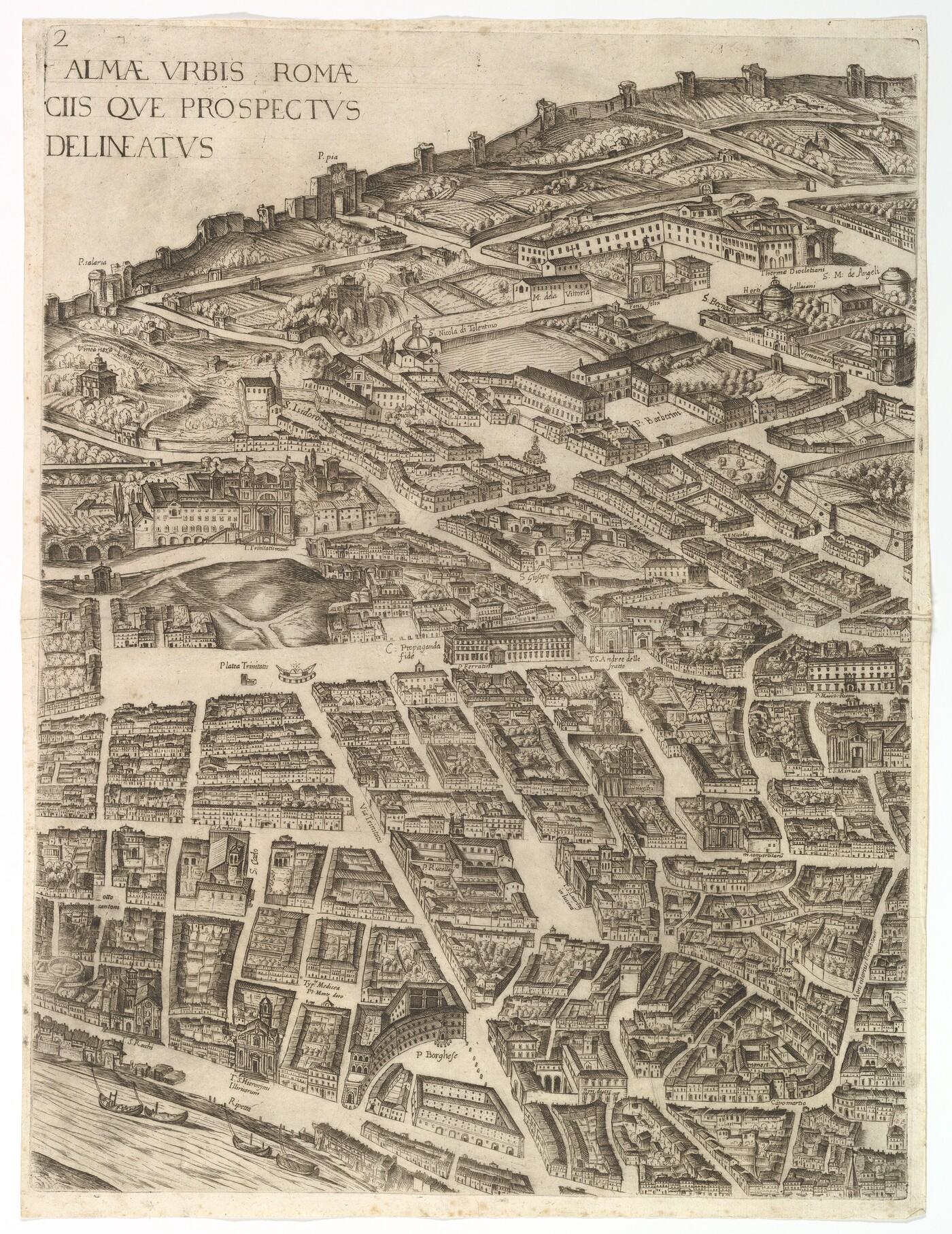 An etching of 16th-17th century Rome, including roads, buildings, plazas, fields, and a river.