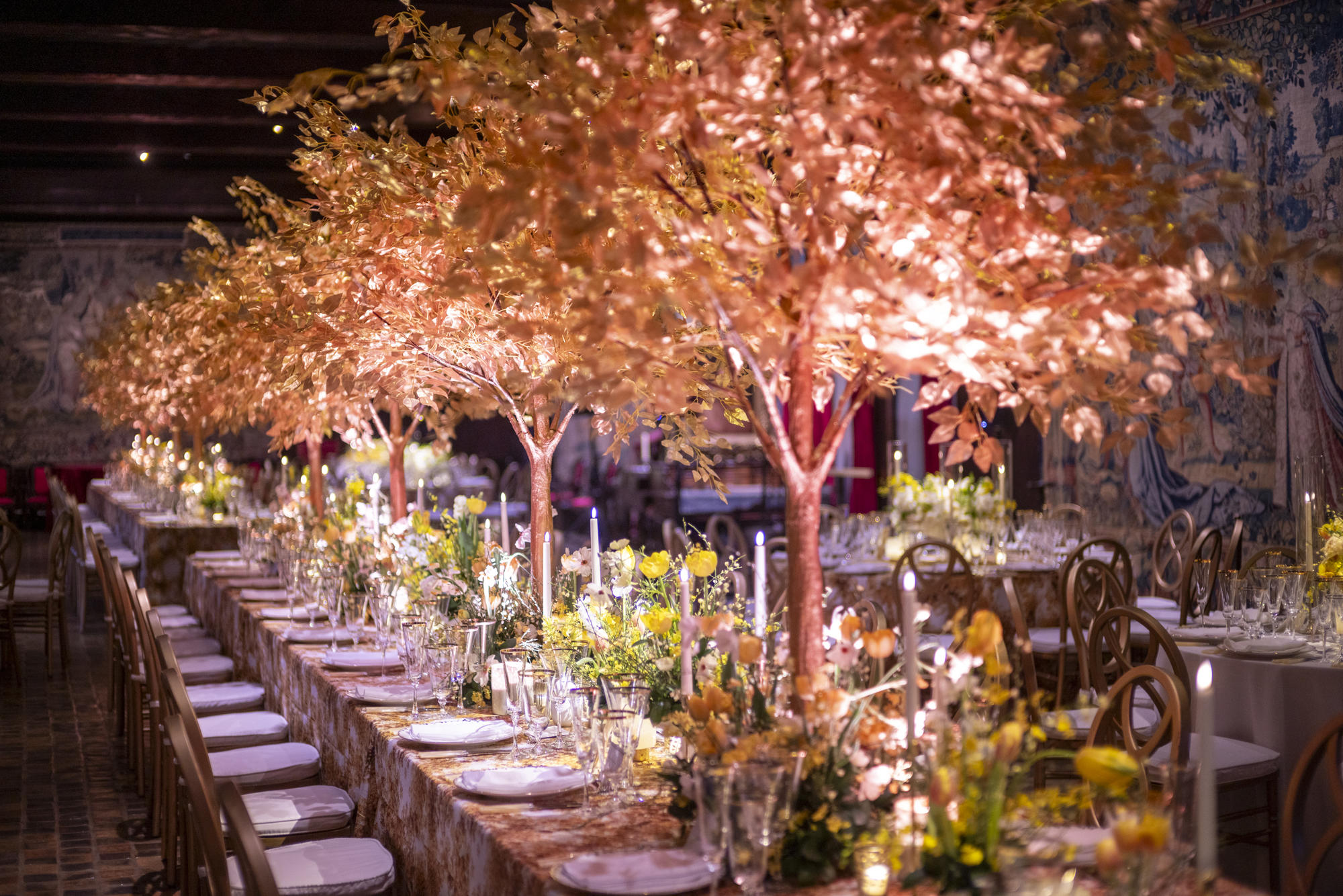 Long dining tables and chairs with small trees with mini lights illuminating the branches. Vases of white and yellow flowers and whilte candles line the middle of the tables. 