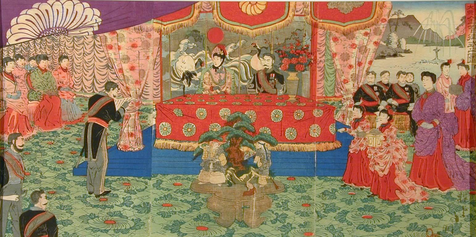 A colored woodcut in three parts. The center portion shows the Meiji Emperor seated at a table with the Empress in front of a painted screen with a crane. They are surrounded by people.