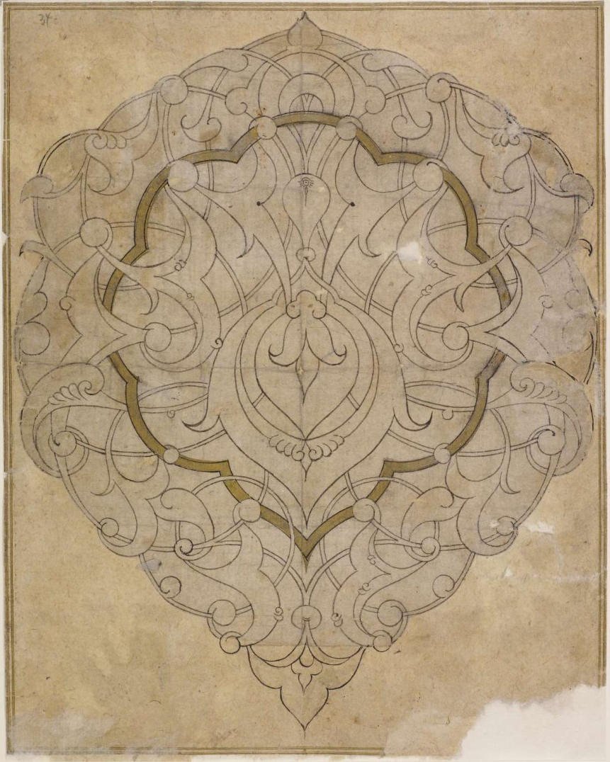 Alt text: An ink drawing of a symmetrical pattern of vines, leaves, and geometric shapes.