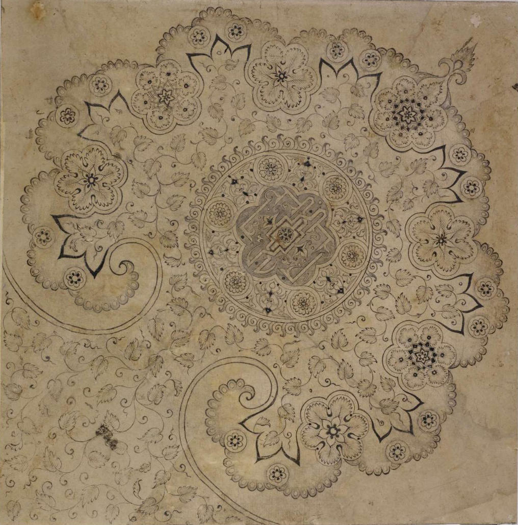 An ink drawing of a symmetrical pattern on an angle with a medallion, floral, and vegetal motifs.