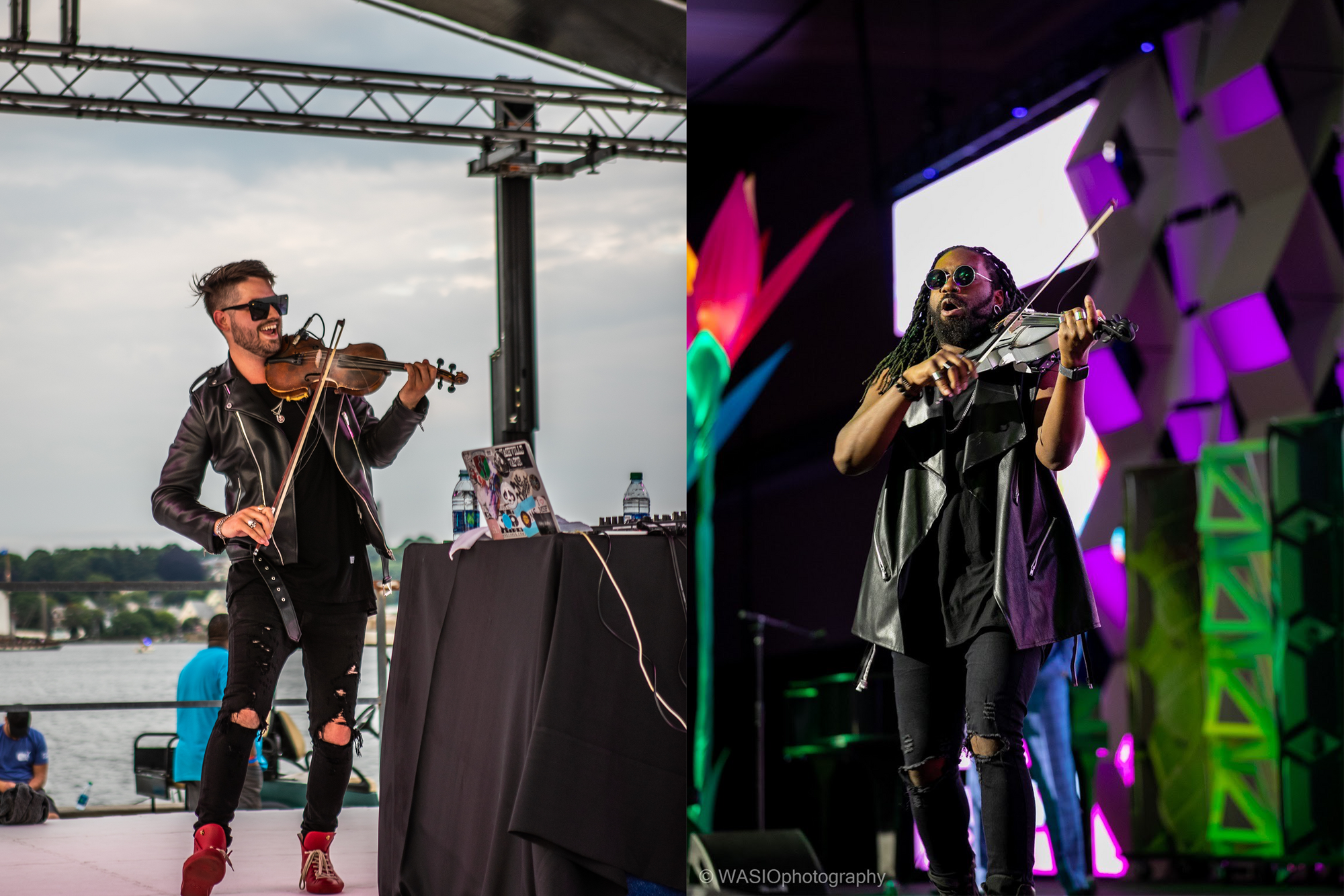  Side-by-side photos of two violinist on stage performing