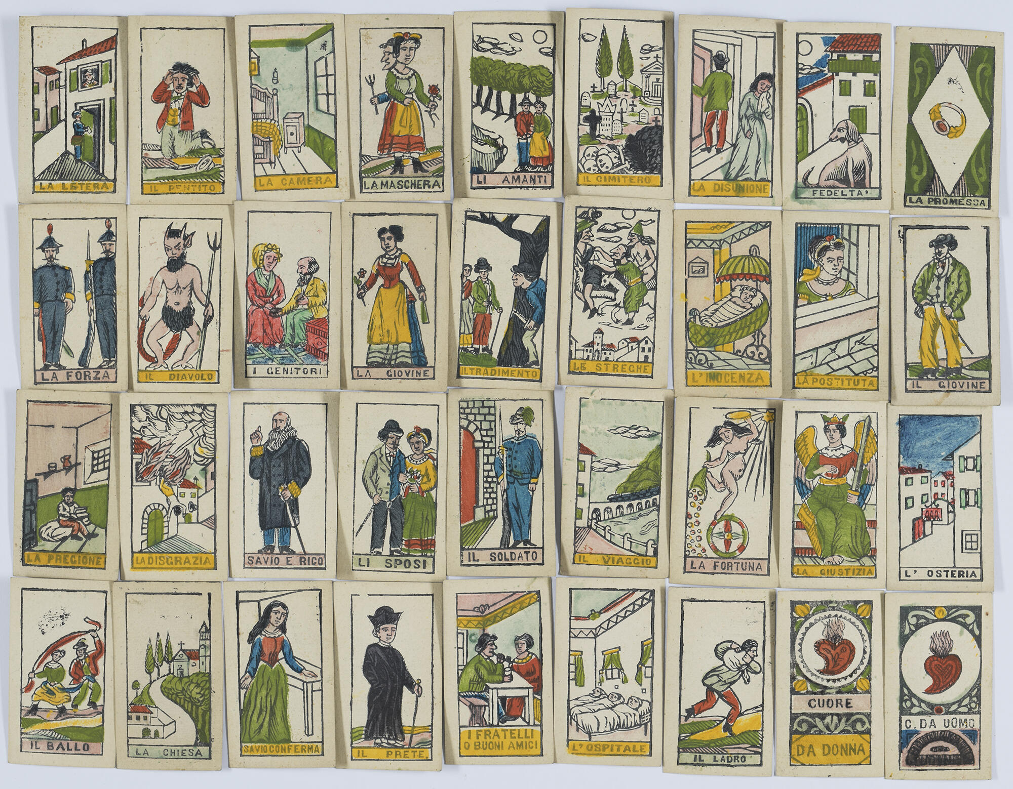  An overhead view of the entire 36-card deck of fortune telling cards, decorated with colorful imagery and the corresponding Italian names.