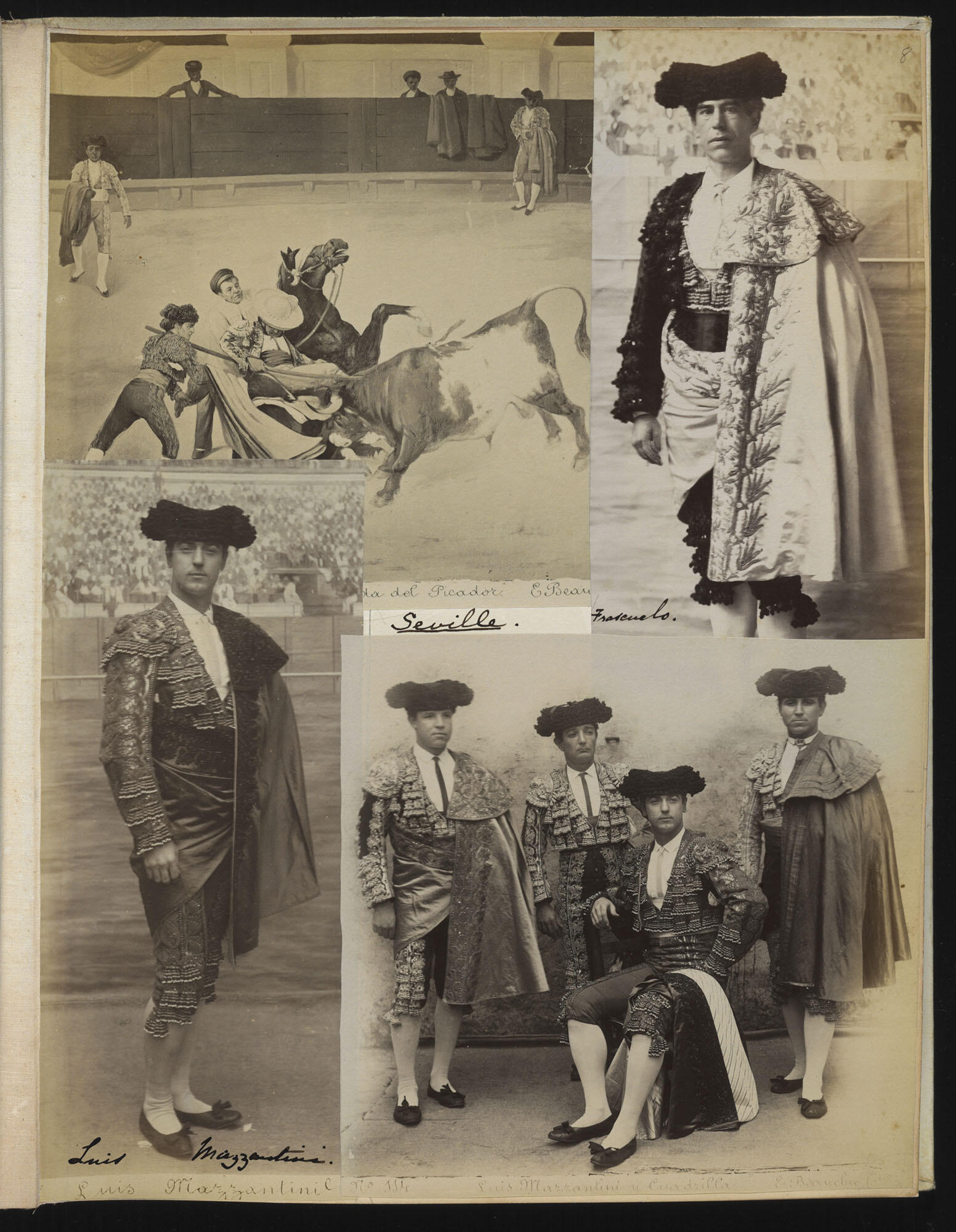 A page from Isabella’s travel album from Spain and Portugal in 1888, with enclosed photographs of various matadors in traditional clothing and an illustrated print of a bullfighting scene. 