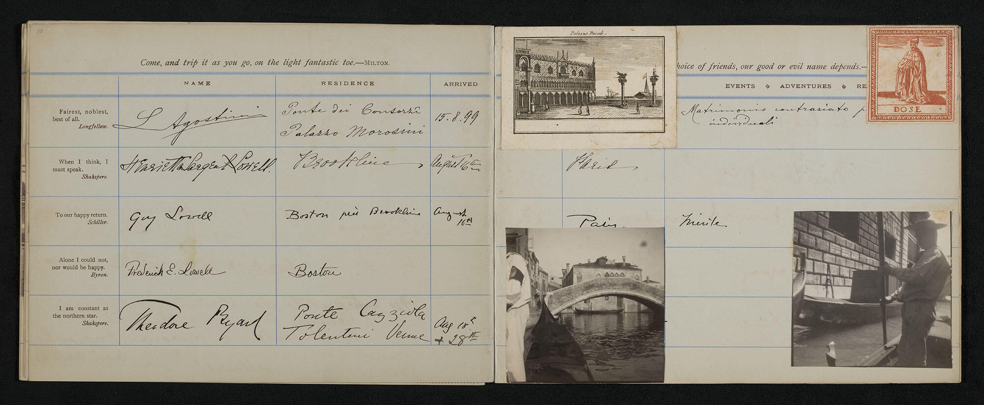 Two pages of Isabella’s guest book from 1899-1900, featuring multiple signatures, two images of the canal, one print of a Venetian palazzo, and the Dose card pasted into the upper right corner.