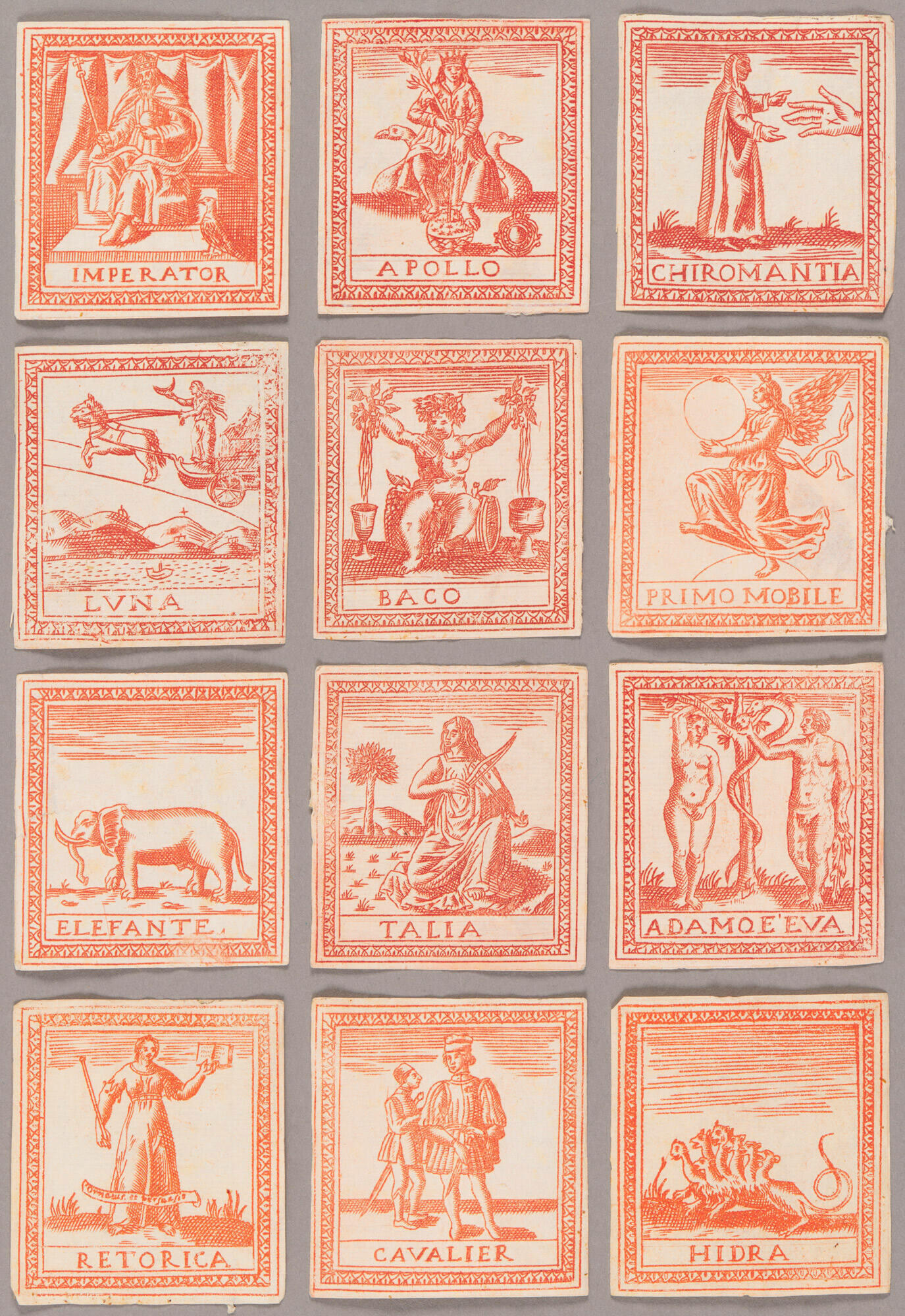 An overhead view of twelve small, stamp-shaped orange playing cards, with an assortment of images and names.