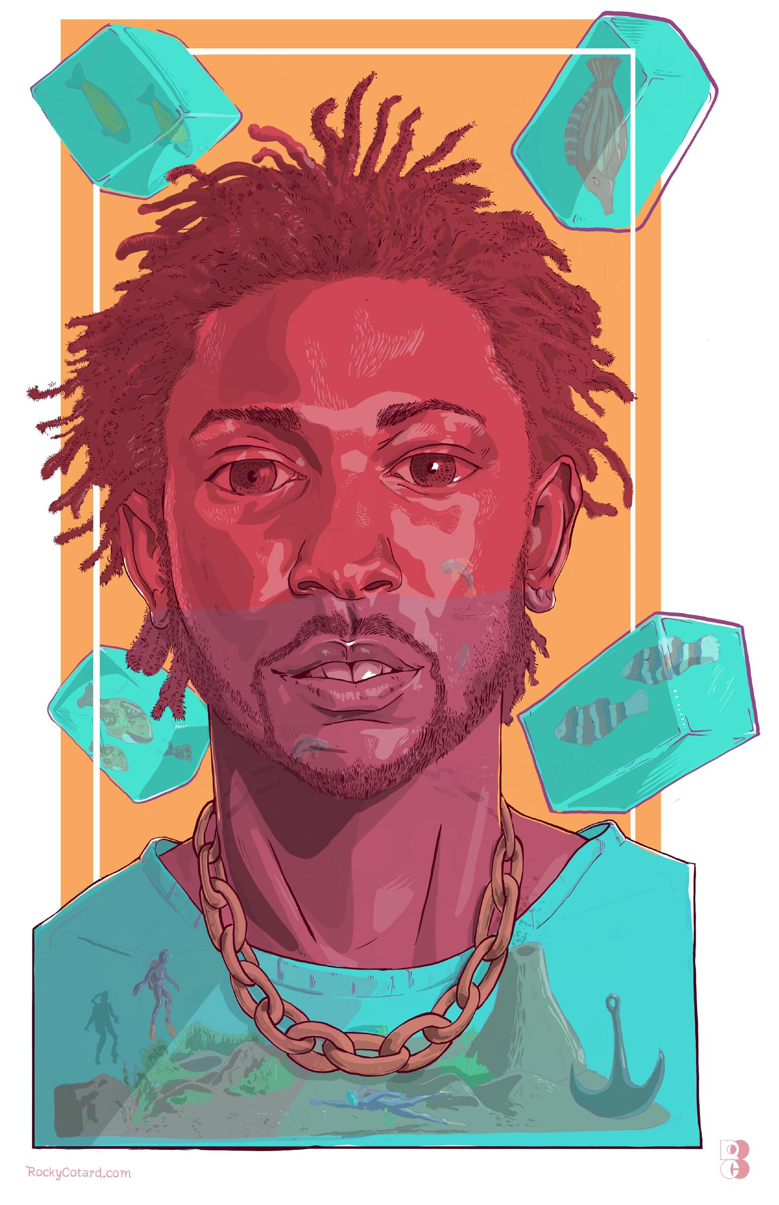 Painting of a young black man with short dread locks looking straight ahead with four turquoise boxes around his head. 