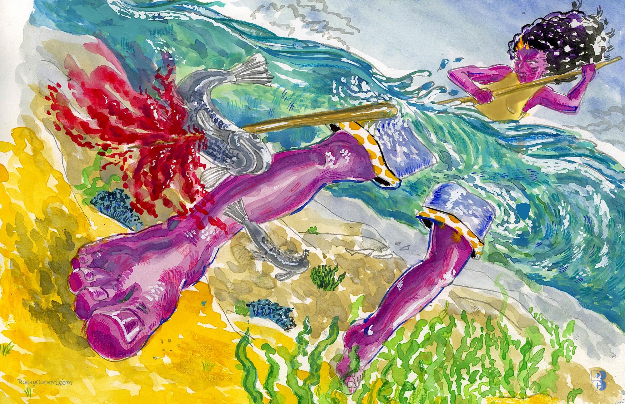 Painting of an underwater view of a person with purple skin, mopping the ocean floor. 