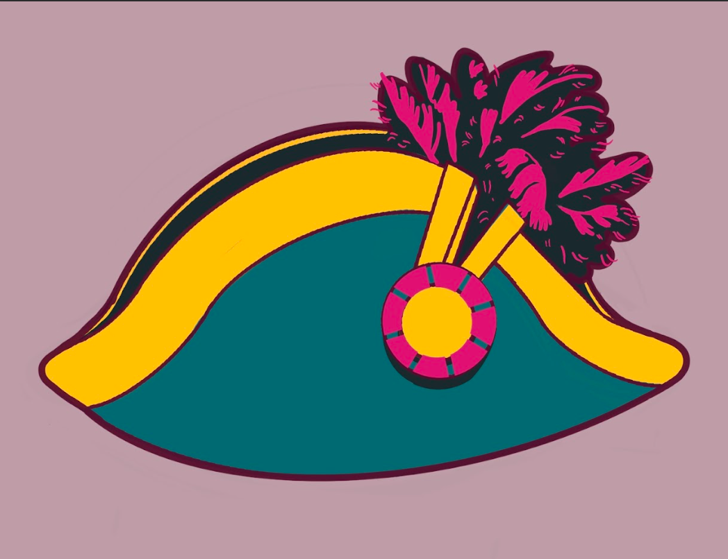 Illustration of a colorful hat with a button-like adornment and pink feathers 