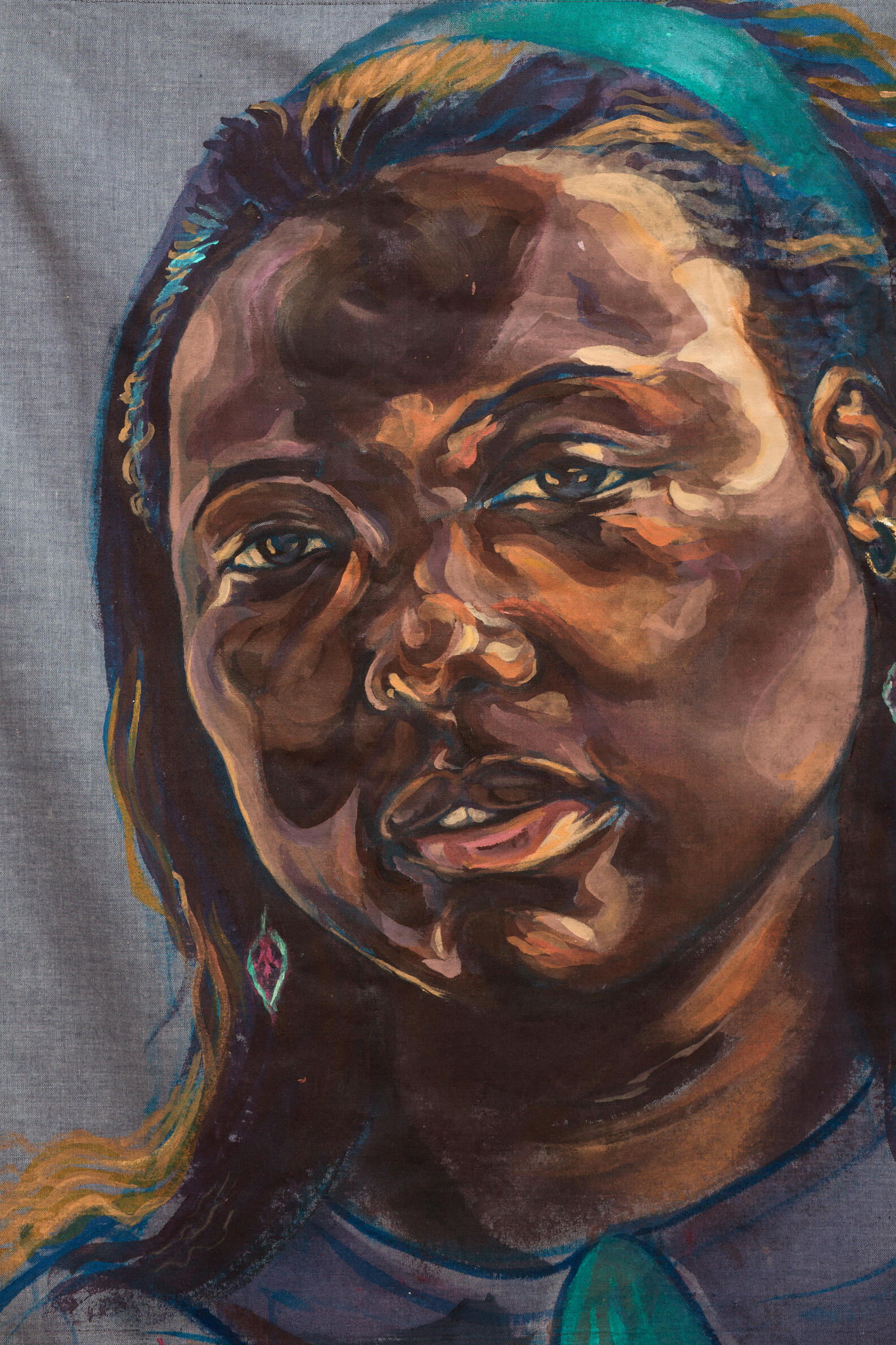 Painting of a black man with long hair and a turquoise head band. 