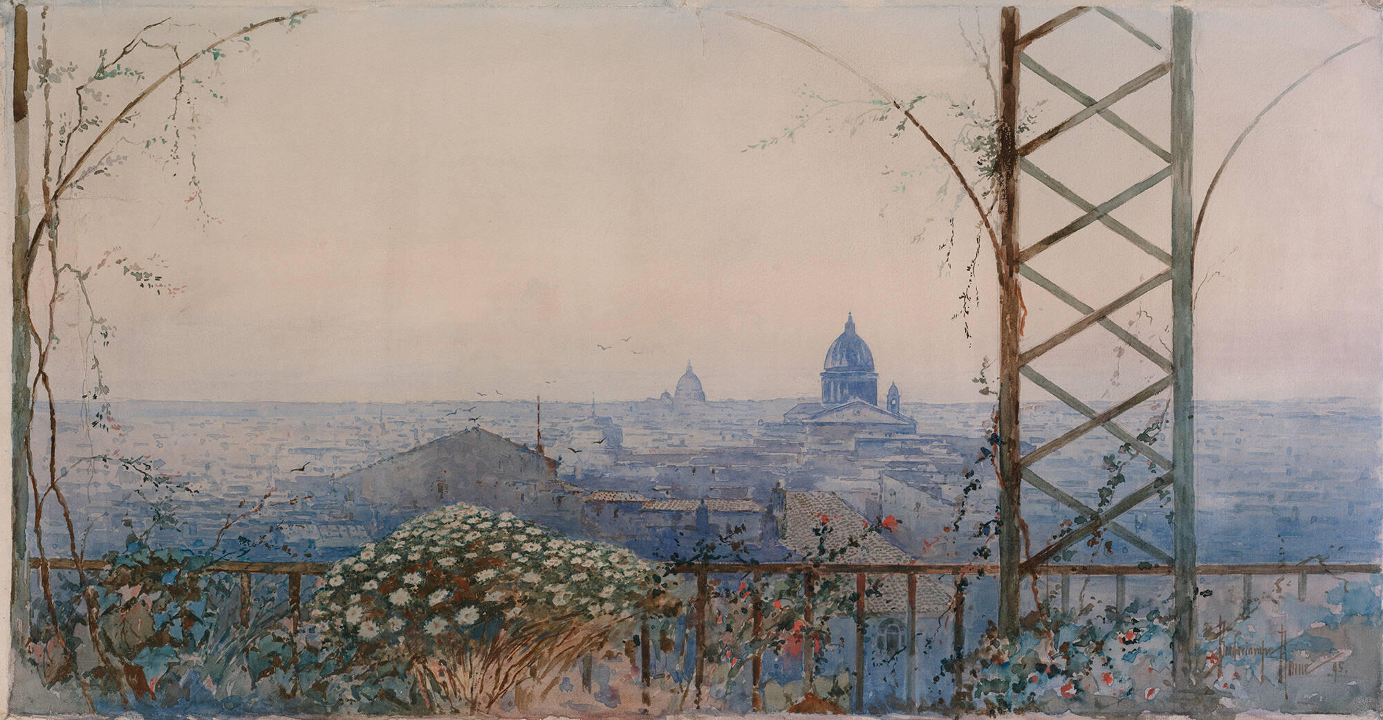 A watercolor of the skyline of Rome.