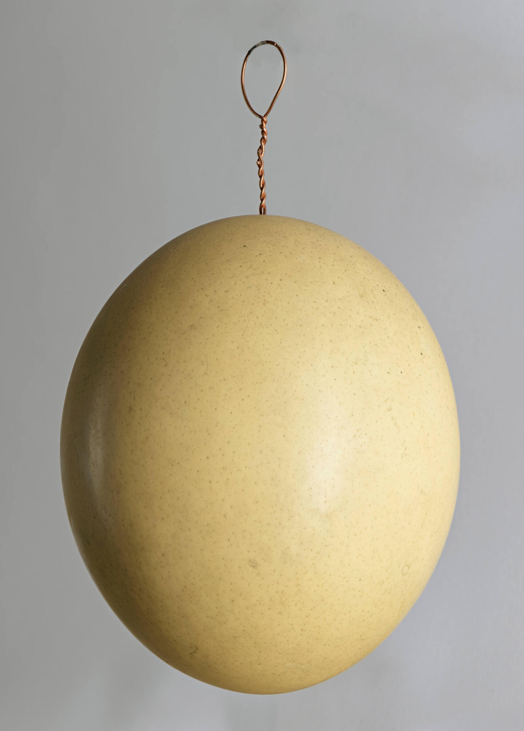 Yellowish-white round ostrich egg that is smooth with some black speckles.  There is a copper wire loop protruding from the top as a hanging device. 