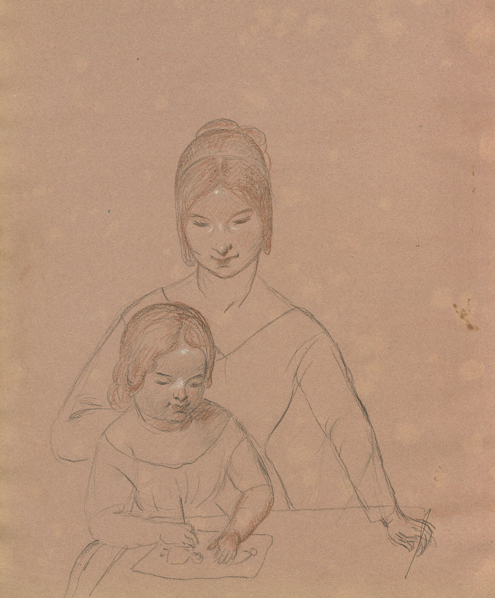 A crayon sketch of a woman seated behind a girl drawing on a piece of paper.