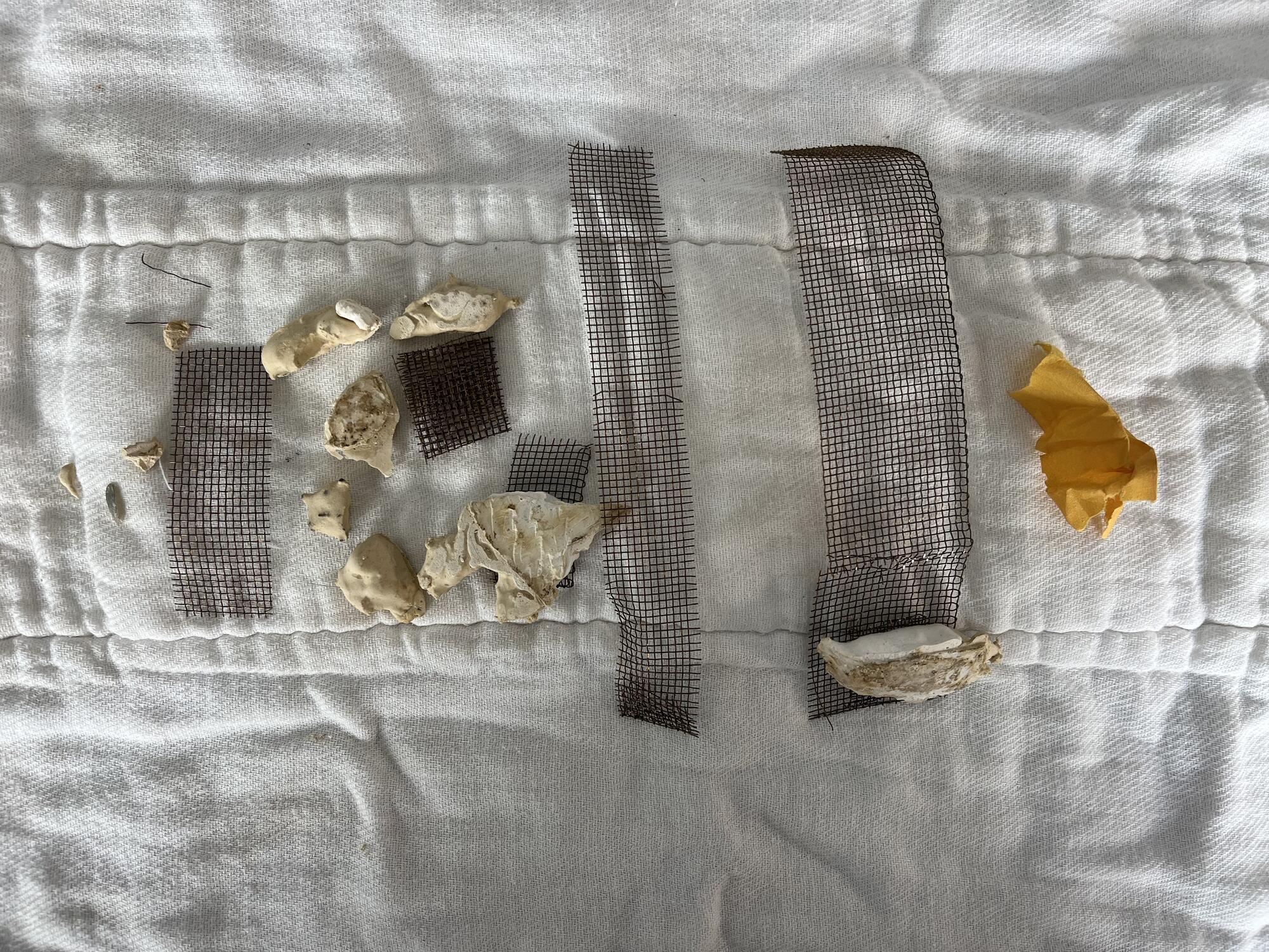 Restoration material removed from interior of egg including: bits of plaster, wire mesh and crumpled up yellow paper.