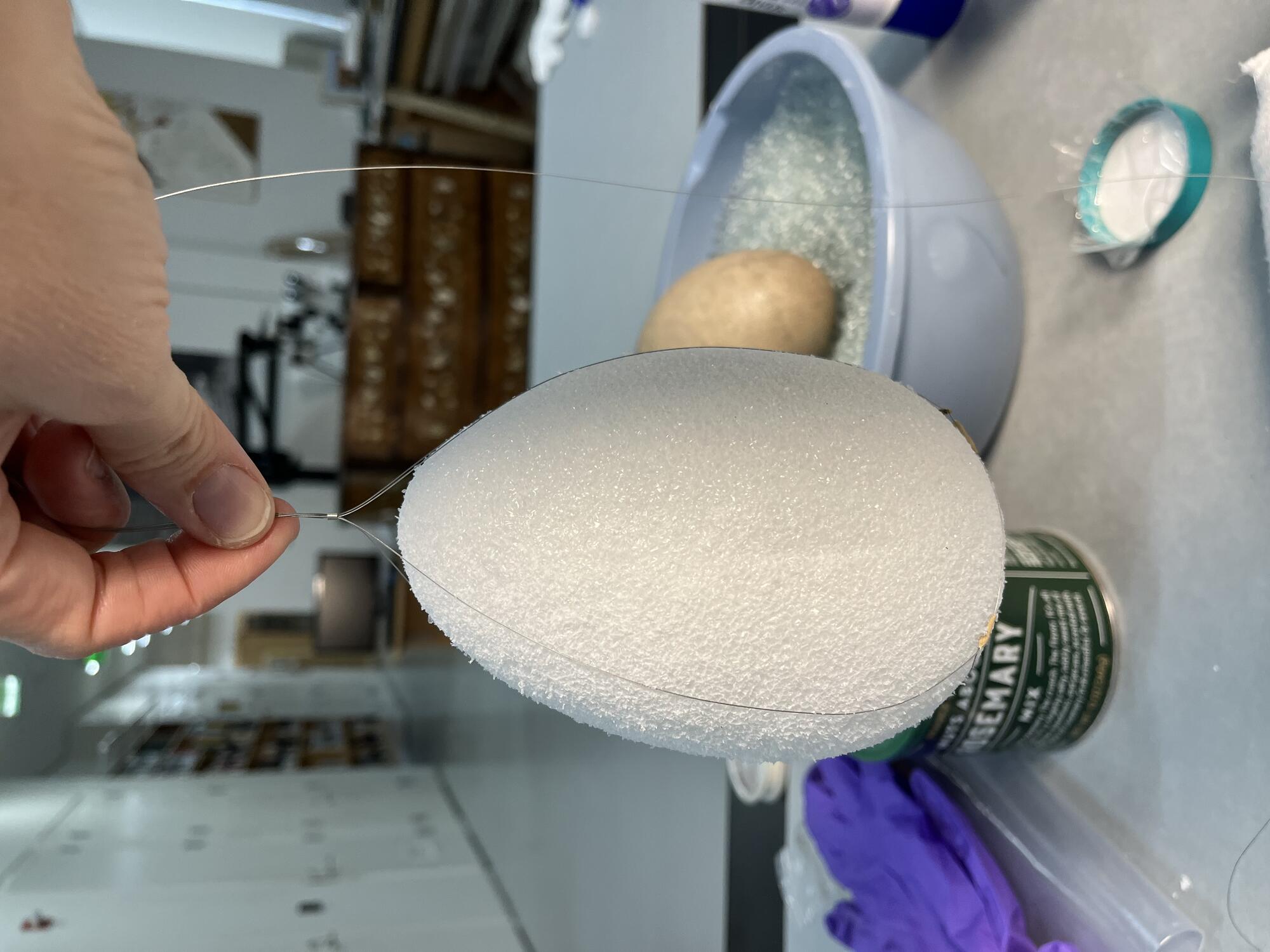  A person’s hand holding wires that suspend a substitute Styrofoam egg to test out the new mounting system. 