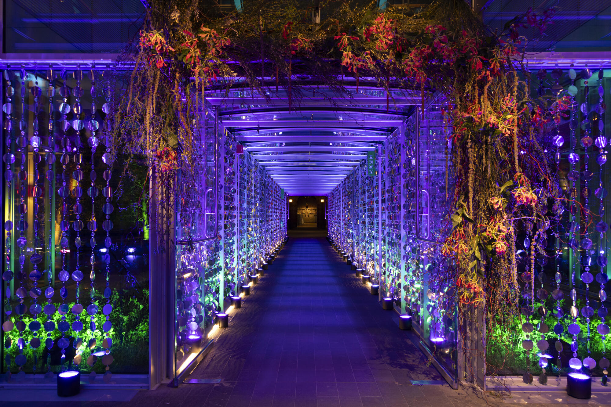 Glass walkway at night heading towards the Palace with rows of round mirrors reflecting light and shades of green and purple and an archway with moss and red flowers. 