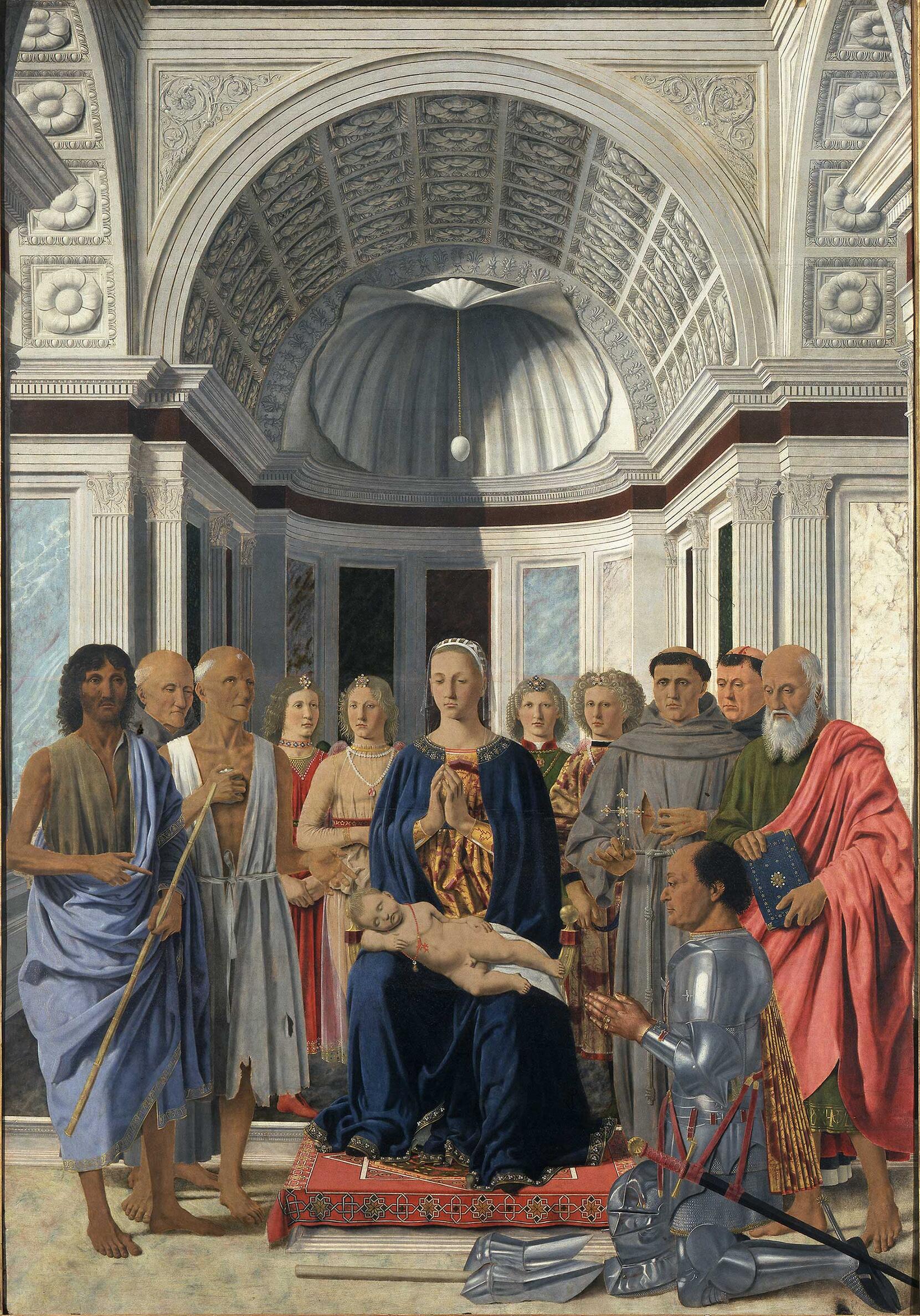 Painting of the Madonna and a sleeping Child with saints and angels surrounding them. A man in armor kneels at the right side of the painting. The Madonna is centered in the apse of a church with a large egg suspended above her head, which hangs from a carved shell in the ceiling.