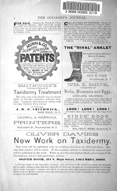Black and white advertisement page from The Oölogist’s Journal with text and images.