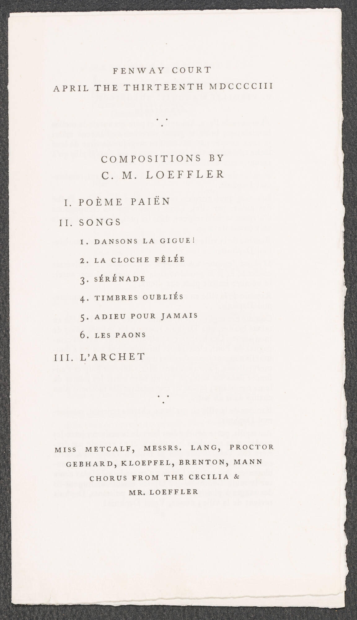 A printed concert program cover reading Fenway Court / April the thirteenth MDCCCCIII / Compositions by C. M. Loeffler / I. Poeme Paien / ....