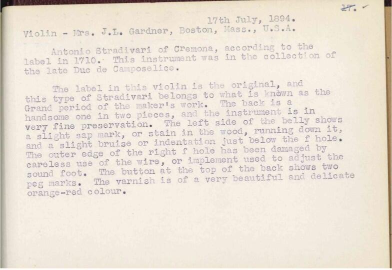 Off-white notecard with typewritten text, describing the history and features of the violin sold to Isabella Stewart Gardner.