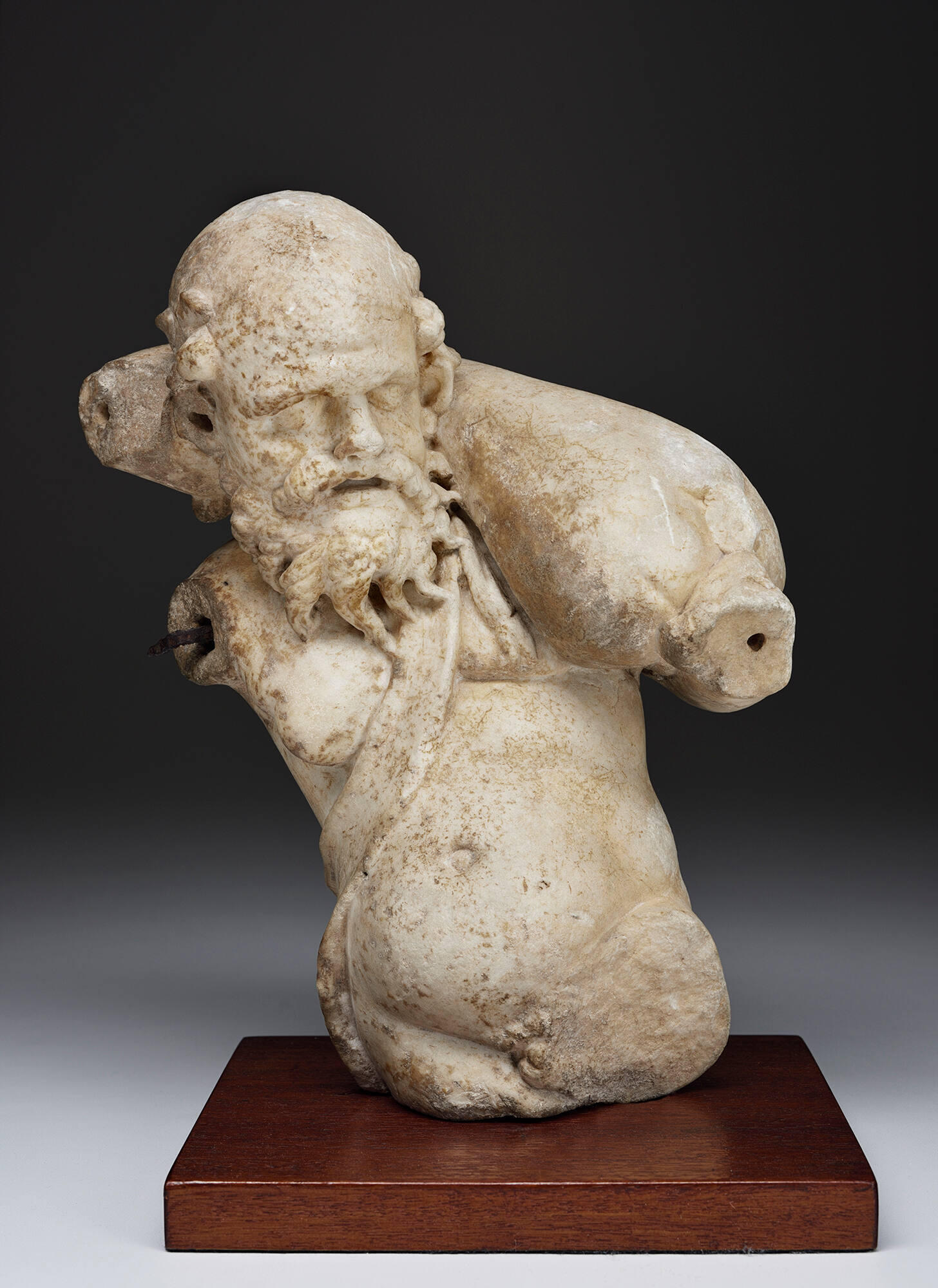 A marble statuette of the head and torso of a bald and bearded satyr holding a wine skin over his left shoulder, mounted on a dark wood base.