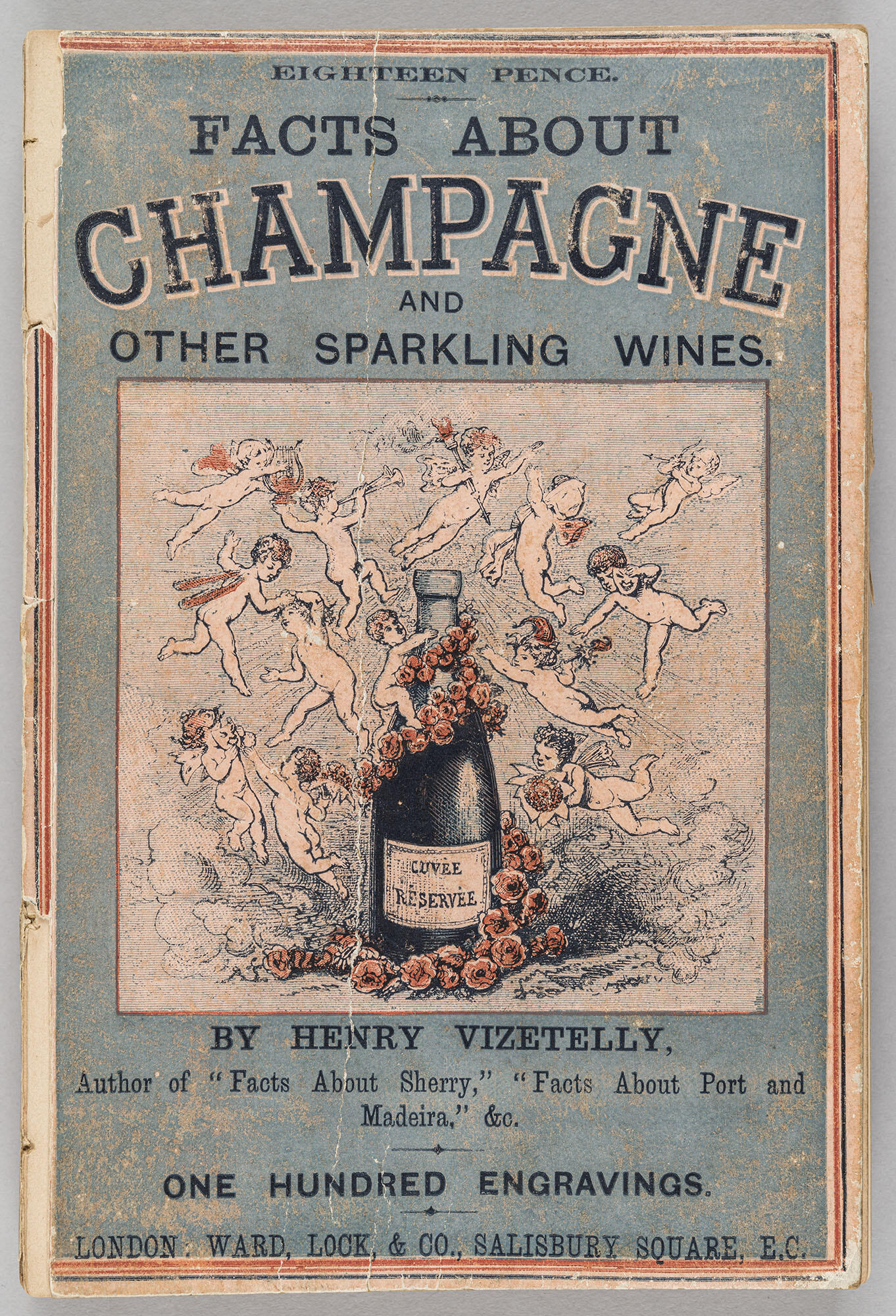  A blue paperback book cover featuring an engraving of flying cupids adorning a life-sized bottle of wine with red roses.