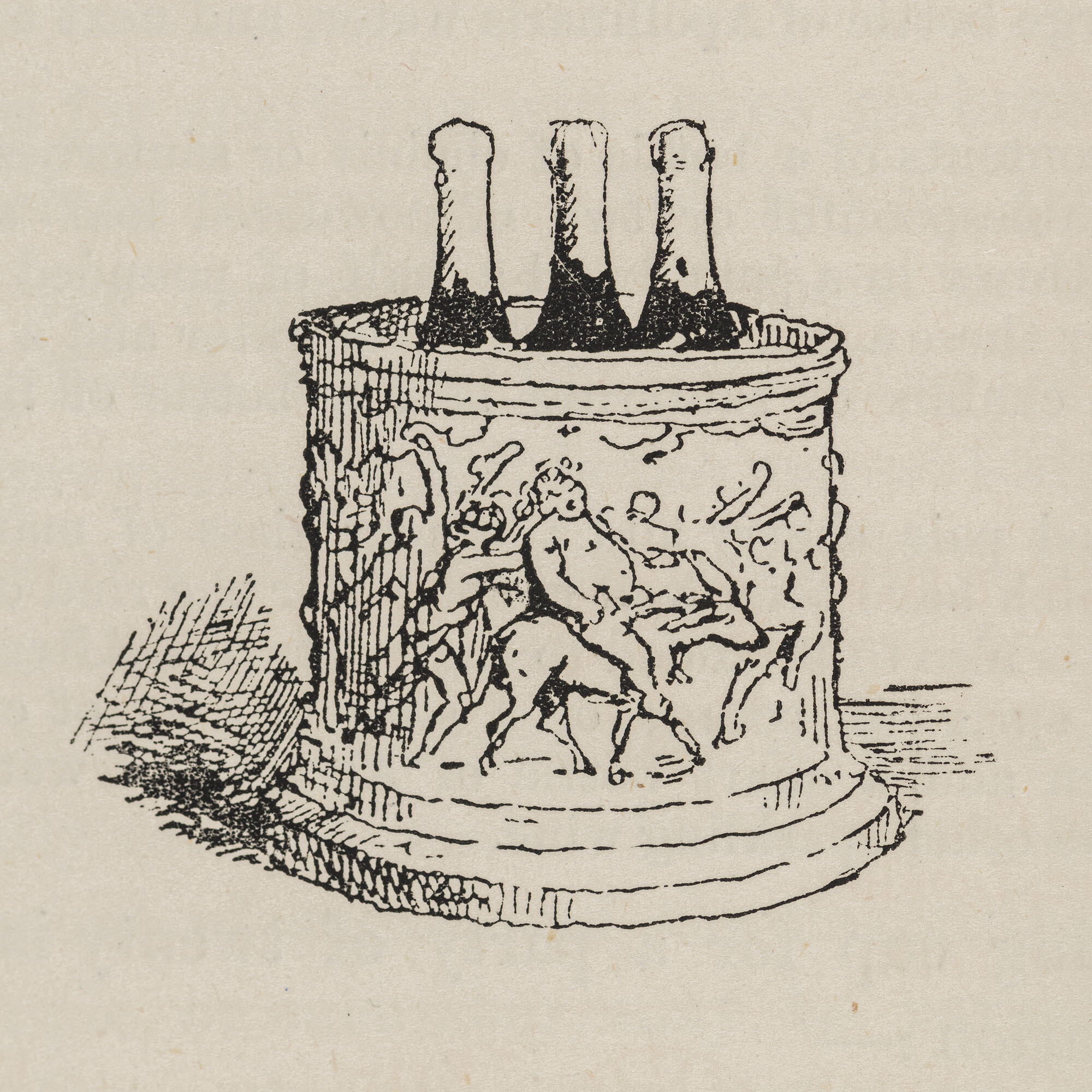 An engraving of a champagne bucket holding three bottles of champagne and decorated with dancing maenads and a man on the back of a donkey.