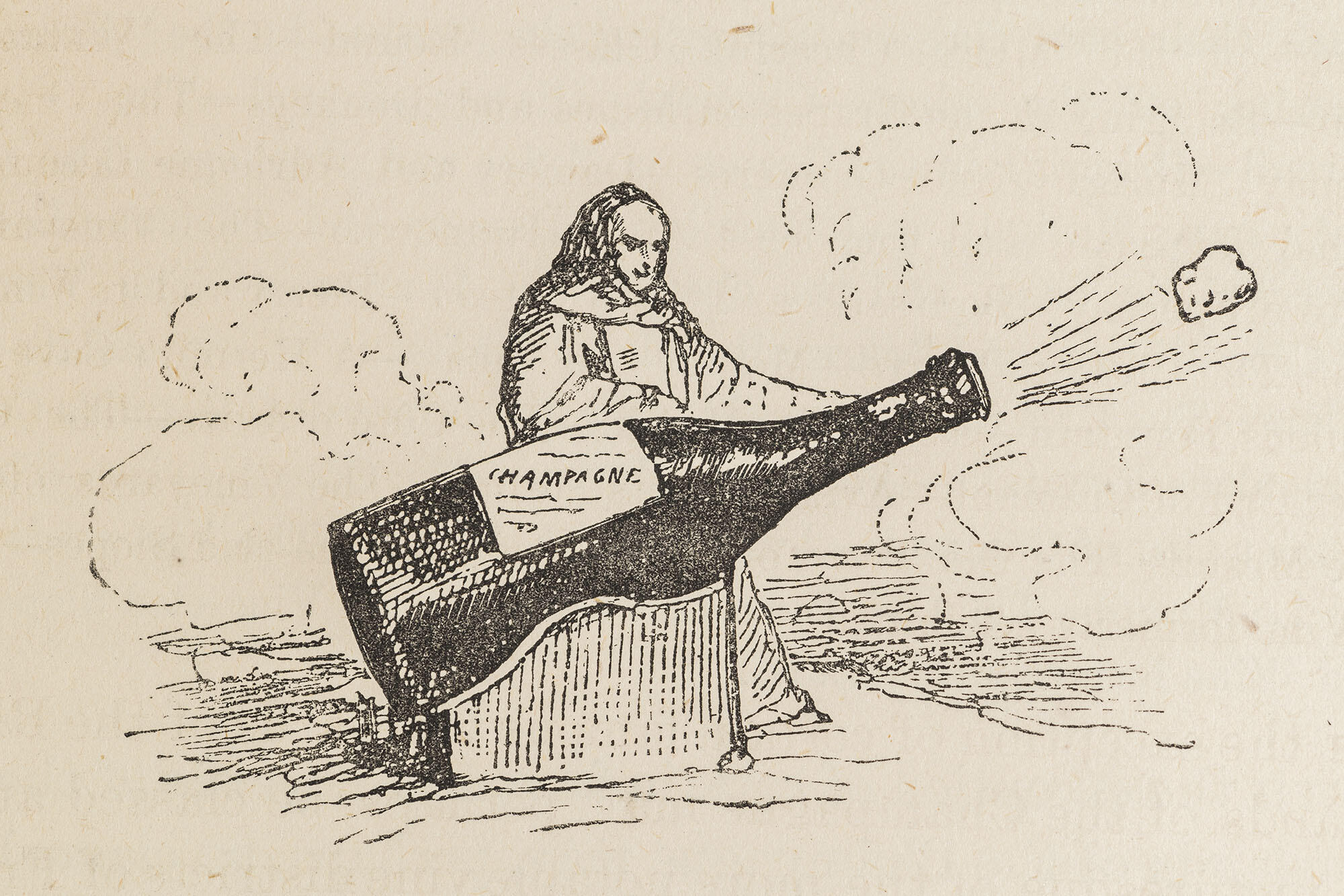 An engraving of a cloaked figure popping the cork out of a life-sized bottle of champagne.