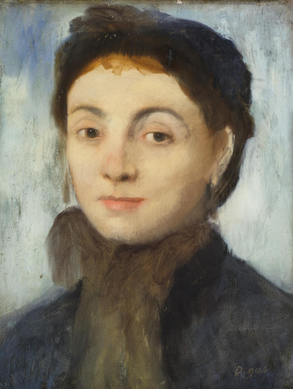 A painting of a young, white woman with a hat and whisps of red hair wearing a coat with a high collar, wearing a scarf looking forward.