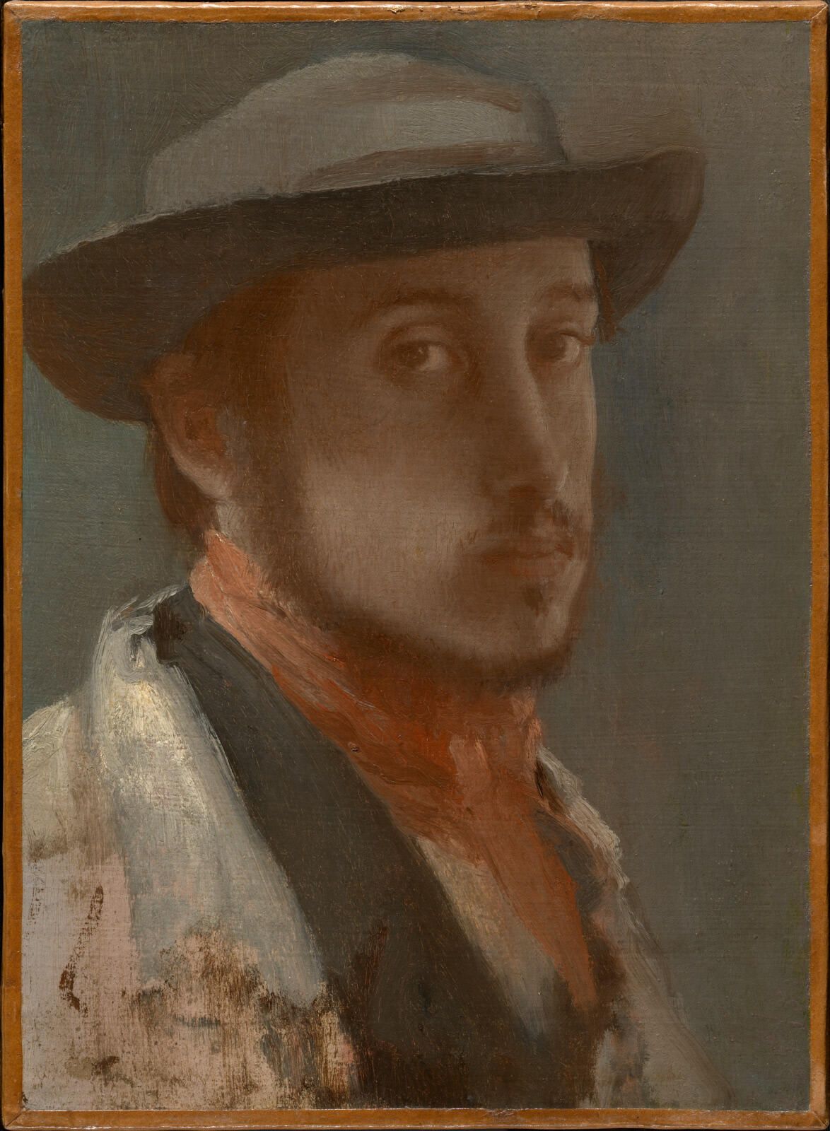 A painted portrait of a man's head and shoulders. He has light skin, dark eyes, hair, and a beard and mustache. He wears a gray hat and a red cravat.