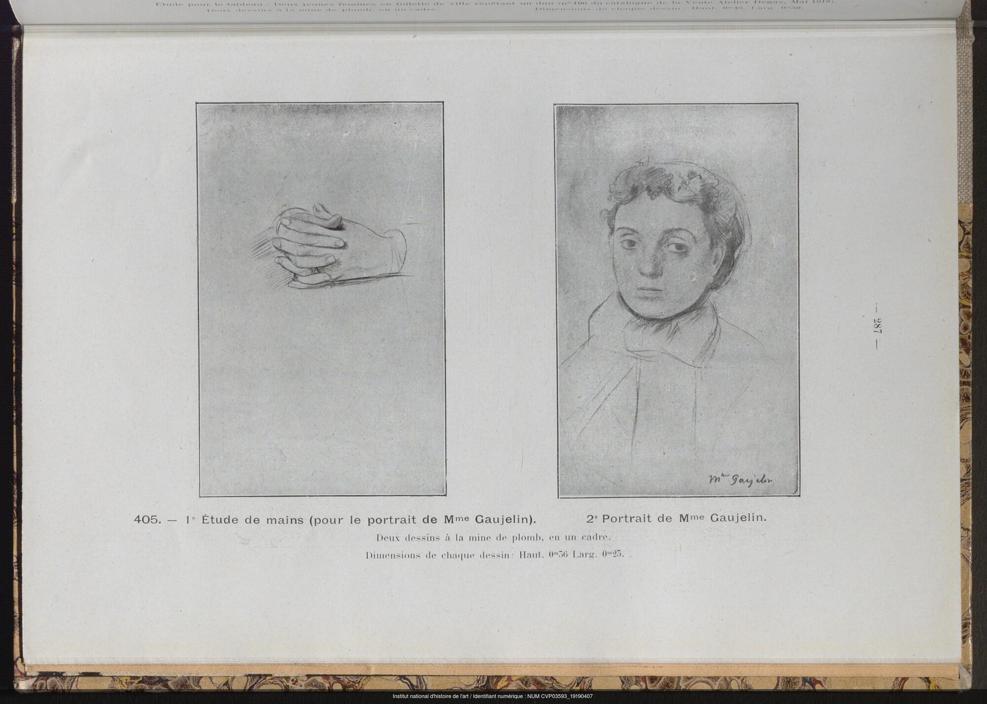 A page in a book reproducing a drawing of clasped hands and a drawing of a woman’s face.