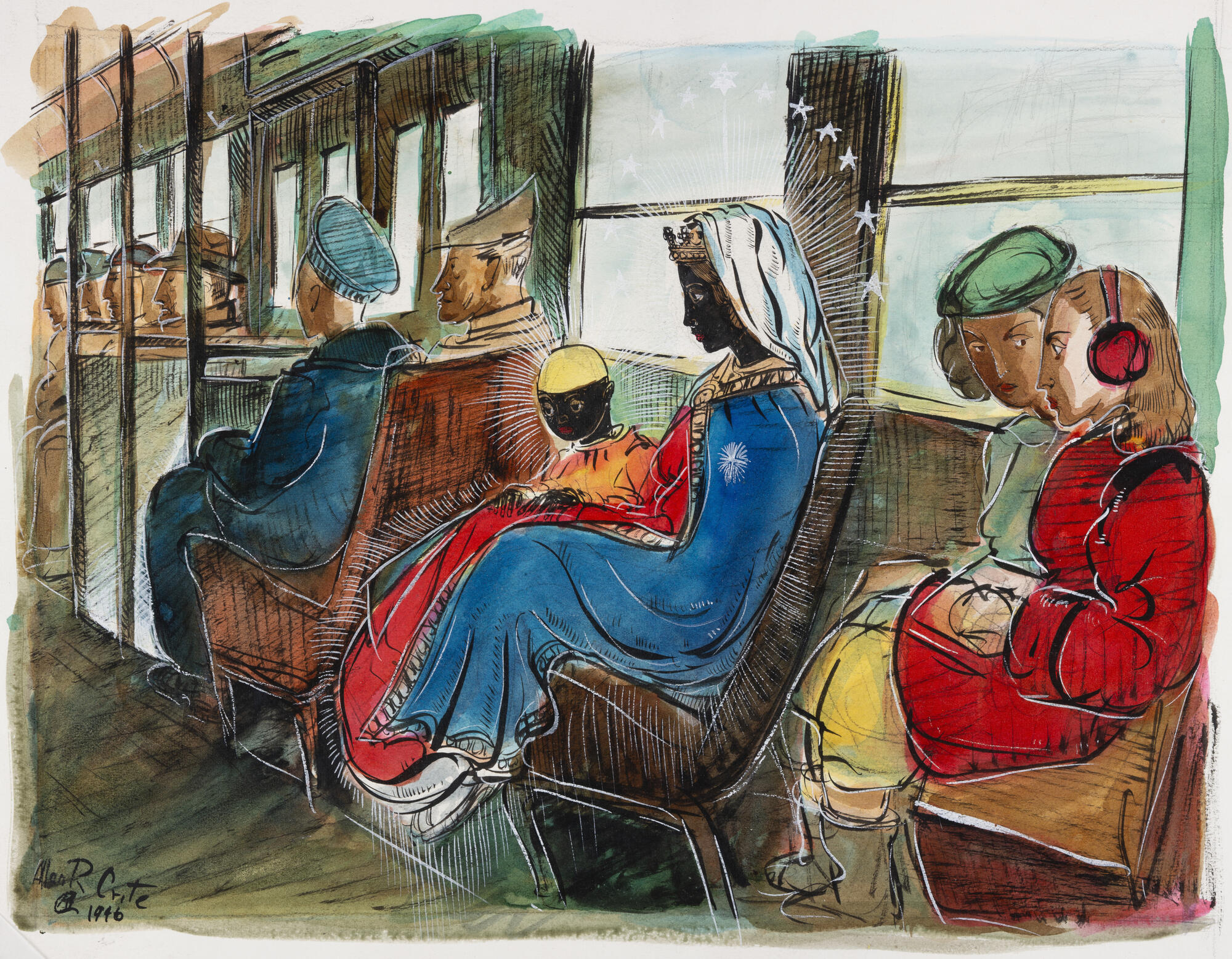 A painting of a black Madonna holding a baby on her lap on a public street car.