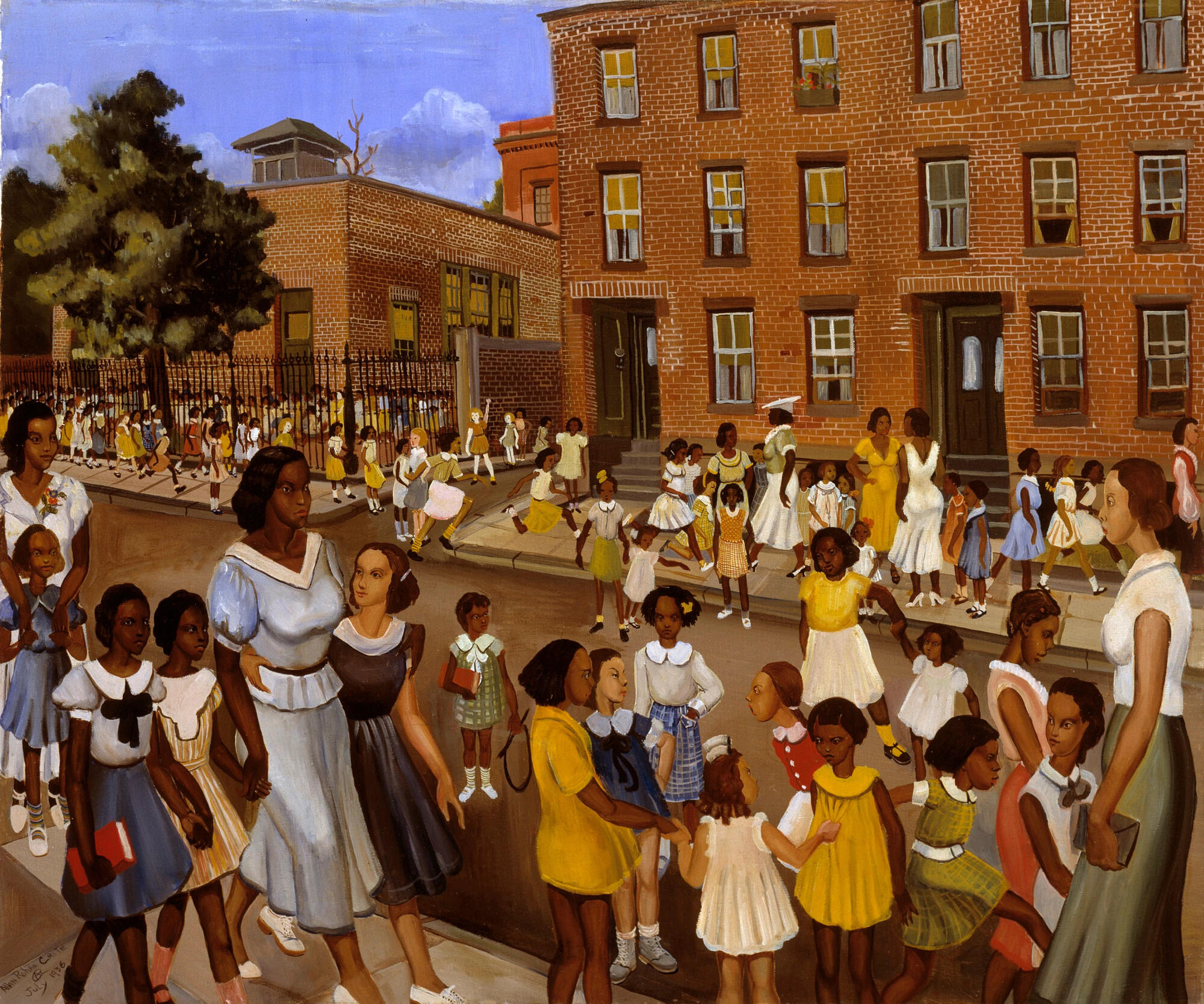 Street filled with African American adults and children on the last day of school on a city street