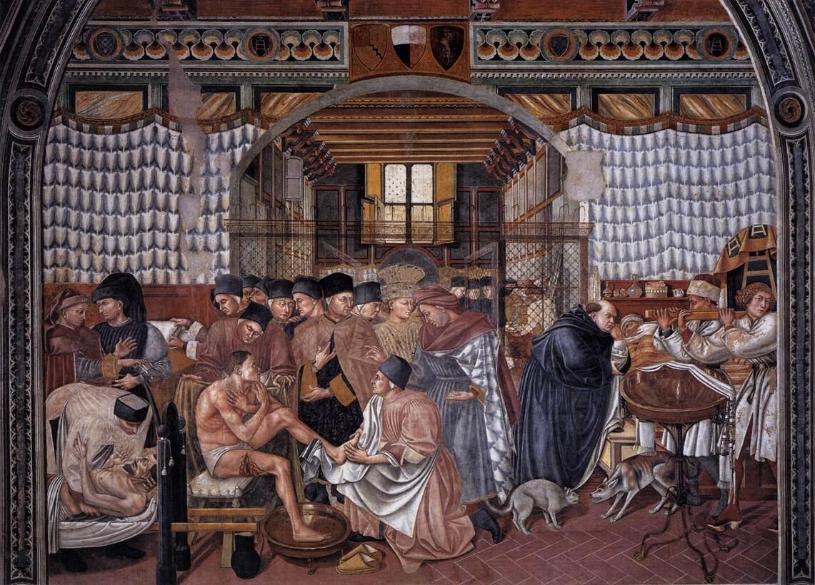  A wall painting with sick people and doctors in Renaissance dress. A tripod similar to the one in the Gardner’s collection holds a basin.