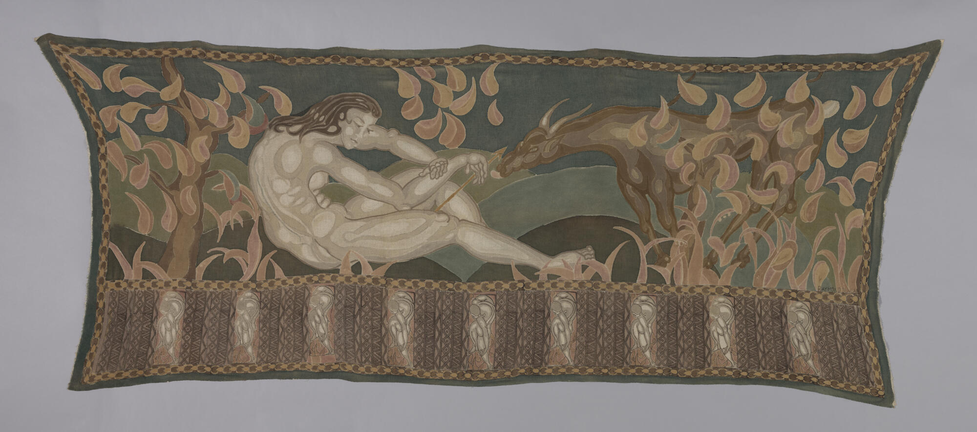 A rectangular piece of cotton with a printed pattern with a woman and stag.