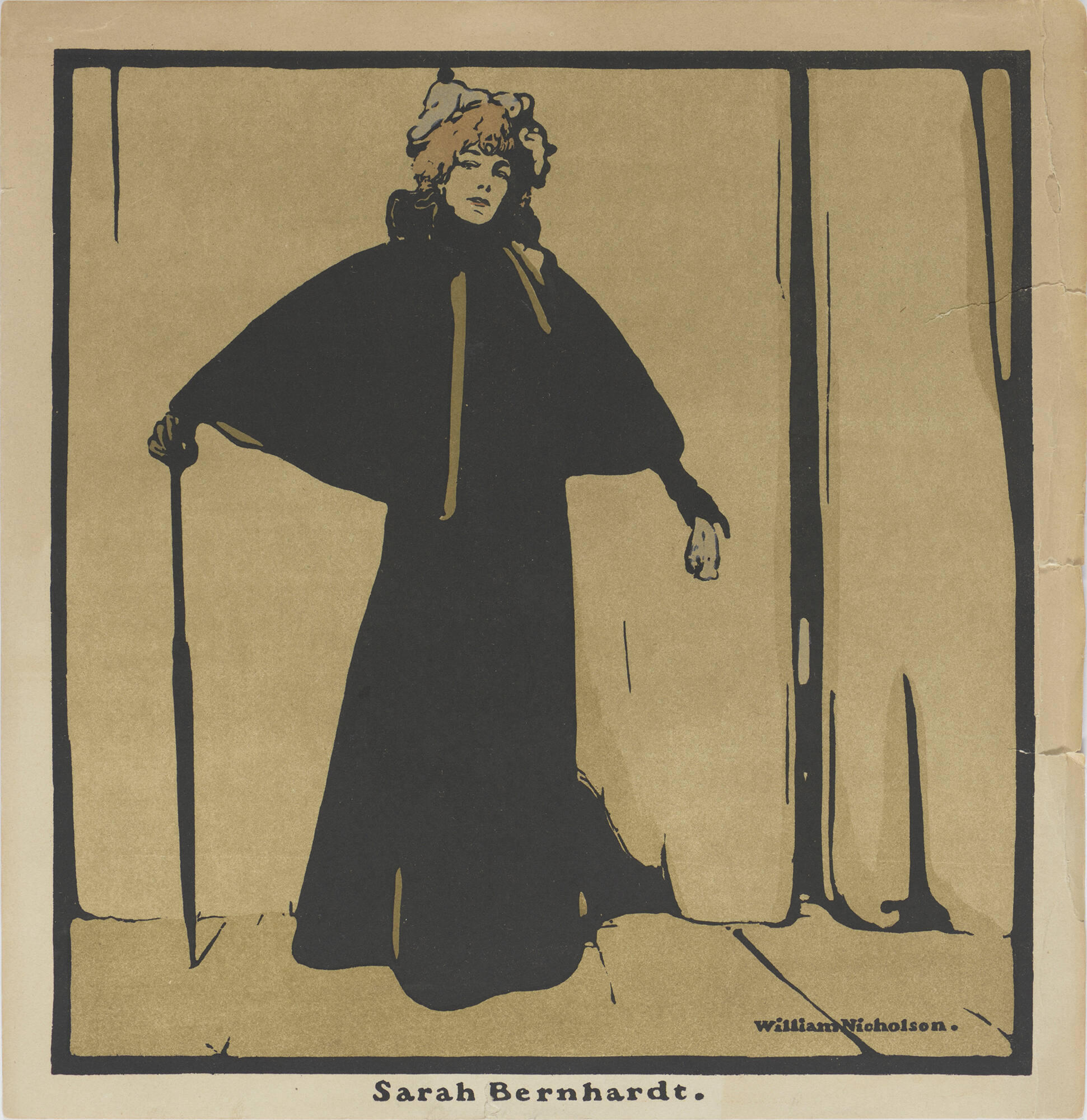  The woodcut print depicts the actress Sarah Bernhardt standing alone on stage in front of a theater curtain. 