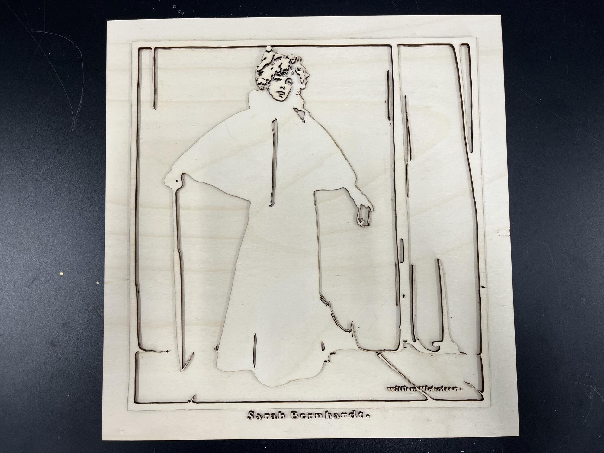 Tactile model of the Sarah Bernhardt print made of laser cut wood pieces that are stacked to create varied relief.
