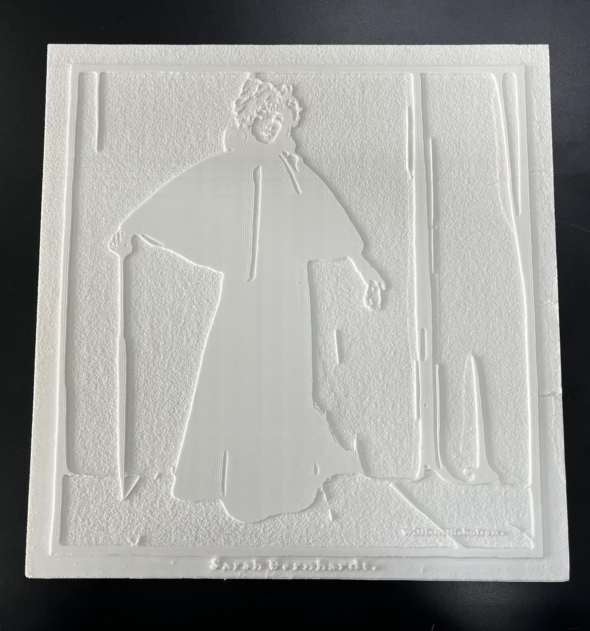  Tactile model of the Sarah Bernhardt print made out of white 3D printed plastic.