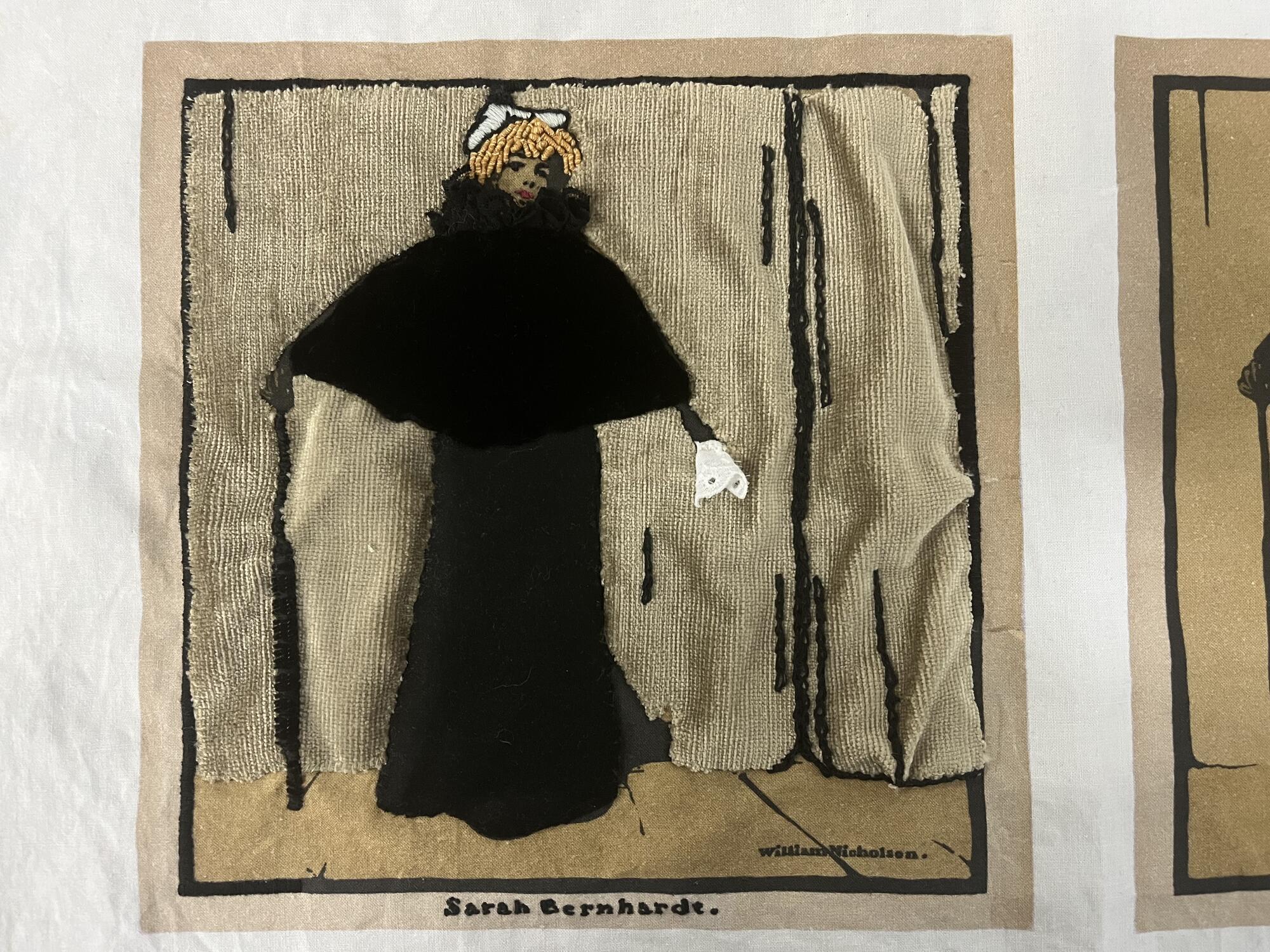 Tactile model of the Sarah Bernhardt print made out of various types of fabric appliques and embroidery stitches to create different textures and relief. The colors of the fabric match the colors of the woodcut print.