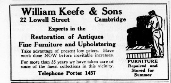 A newspaper advertisement for Willian Keefe & Sons depicting a man upholstering a chair. The text states, “For more than 35 years we have taken care of some of the finest collections in this vicinity.” 