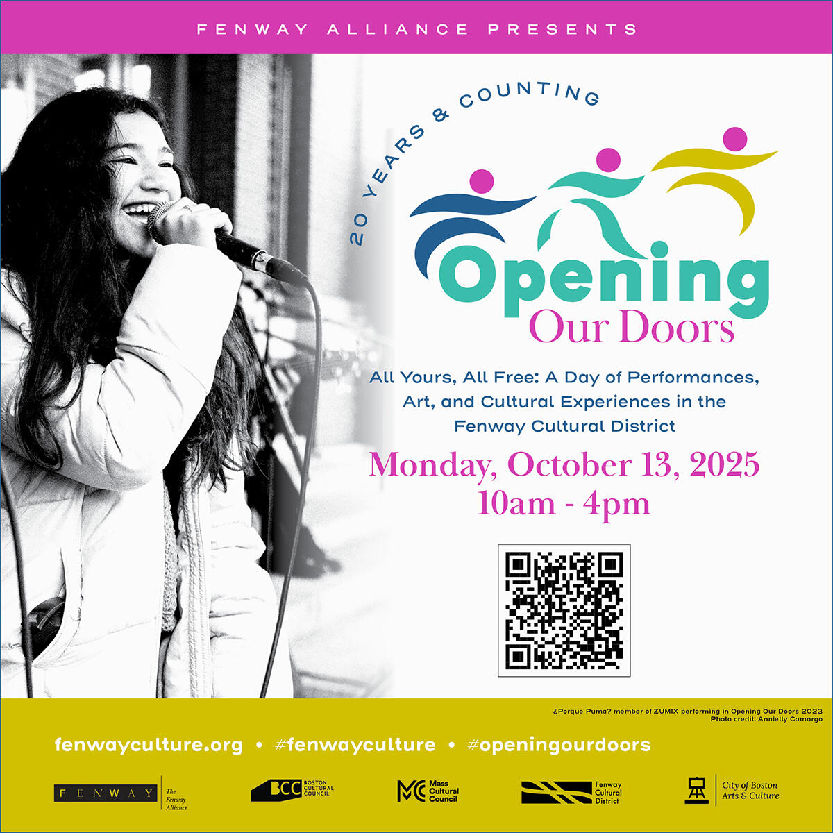 A flyer of a teen girl singing into a microphone with the logo for Opening Our Doors 