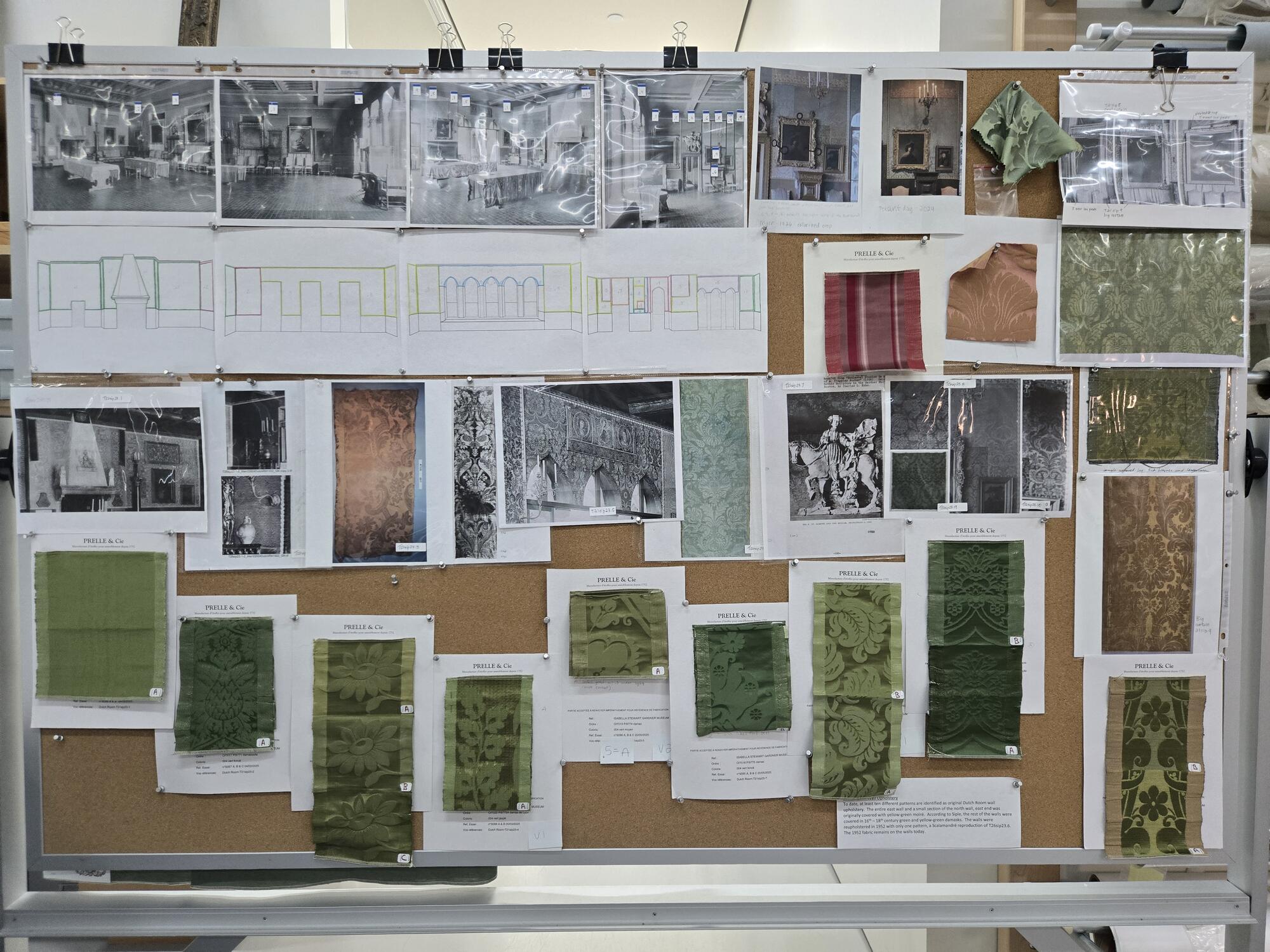 A large corkboard almost wholly covered with pinned images, fabric samples, and architectural plans. 