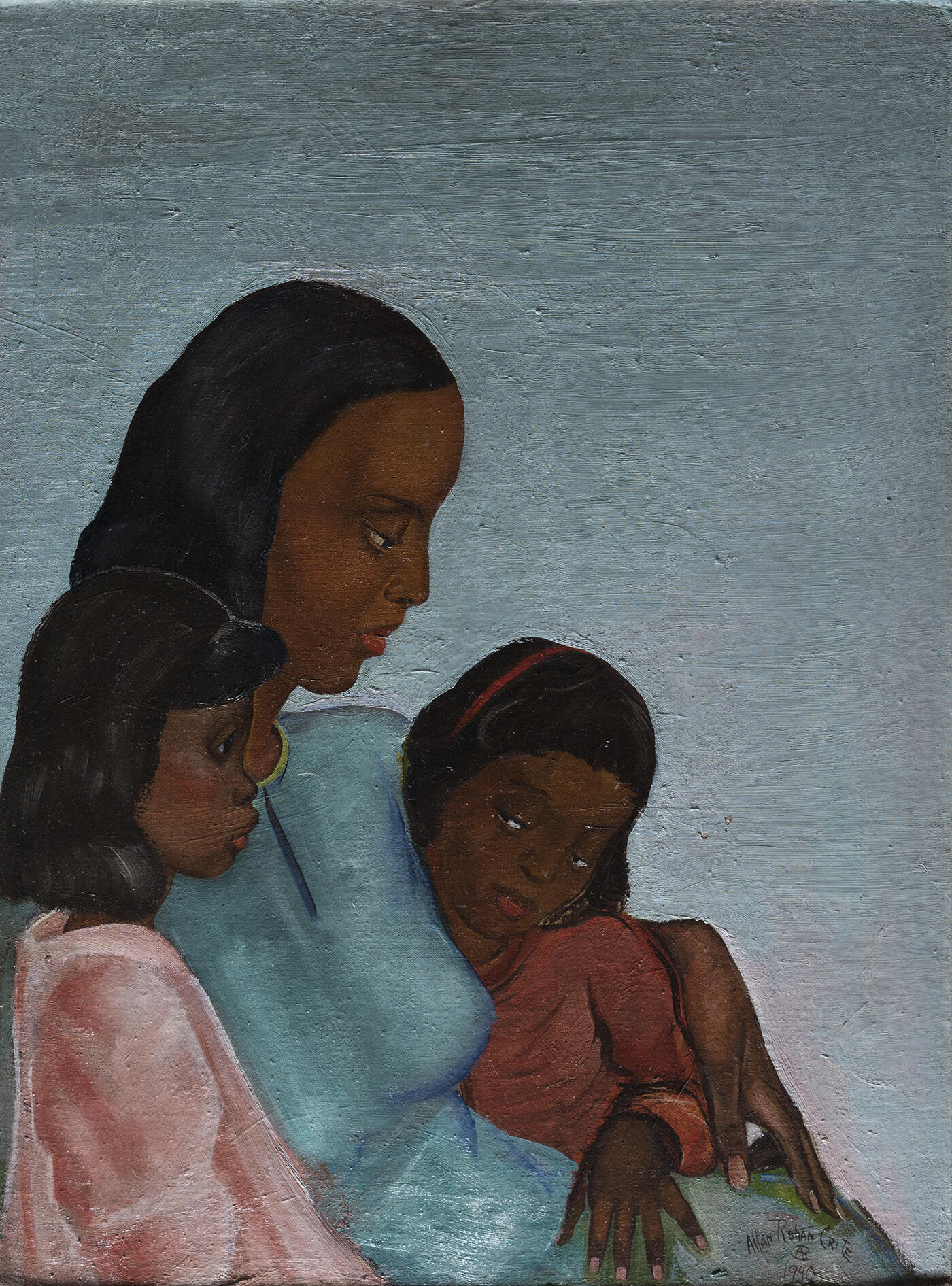 Crite’s painting (Untitled) Mother and Children under raking light directed from below the canvas. There are horizontal ridges of paint in the background of the painting and raised brush strokes surrounding the figures.