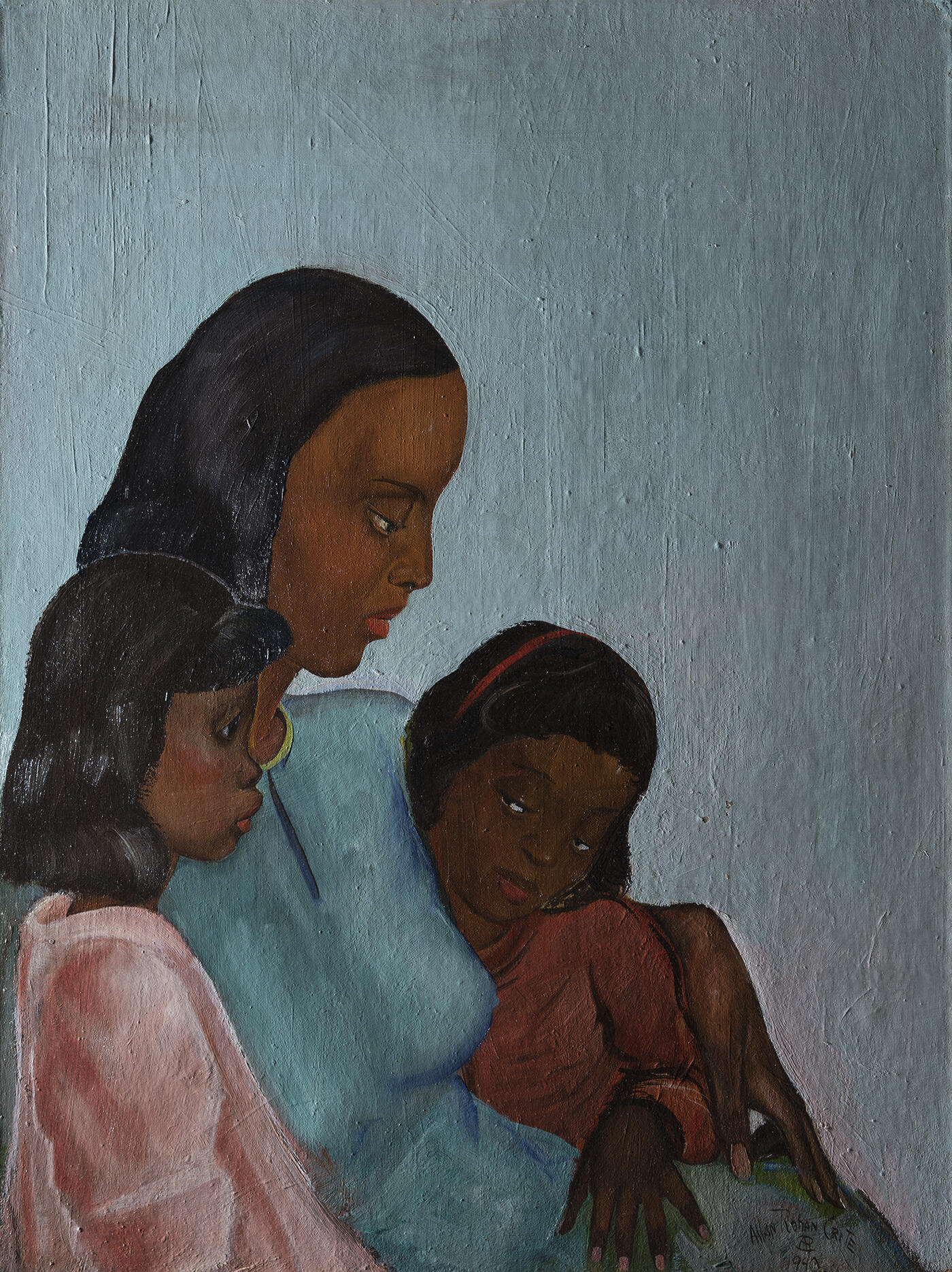 Crite’s painting (Untitled) Mother and Children under raking light directed from the left side of the canvas. There are vertical and diagonal ridges of paint in the background of the painting.