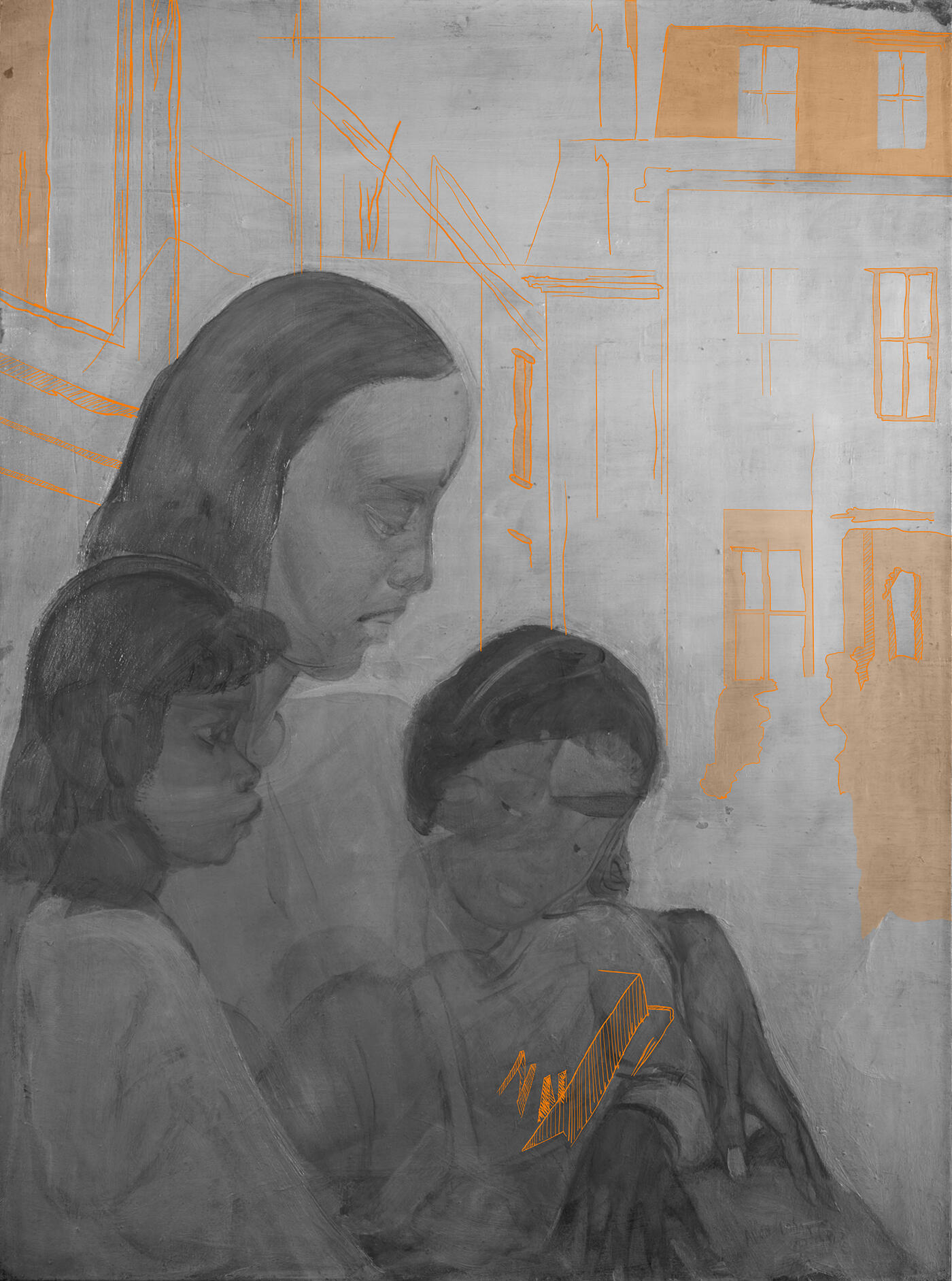 Orange lines show the overlapping buildings and a set of stairs that Crite painted over.