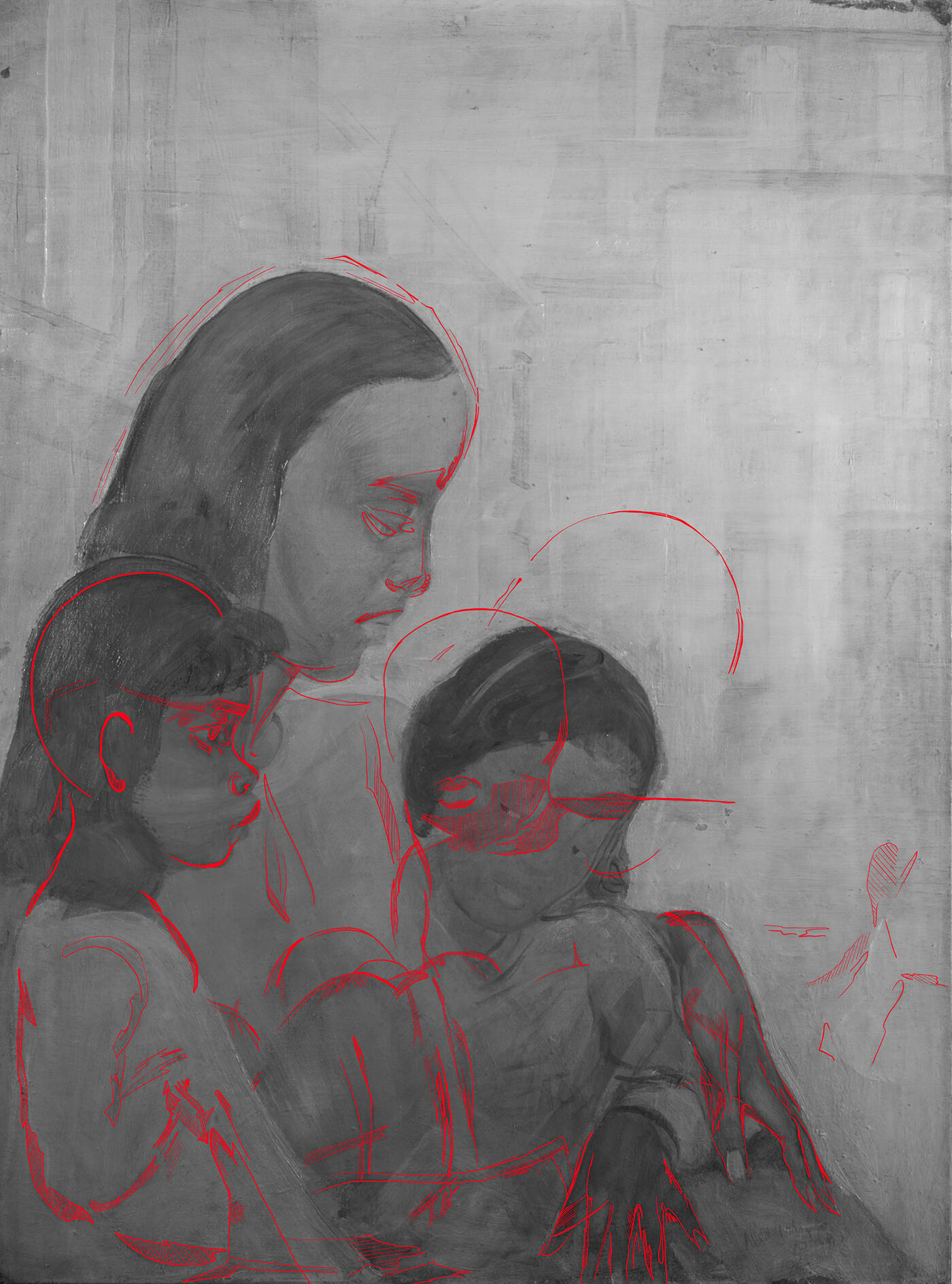 Red lines show the outline of the faces and garments of the figures in the painting where Crite made changes.