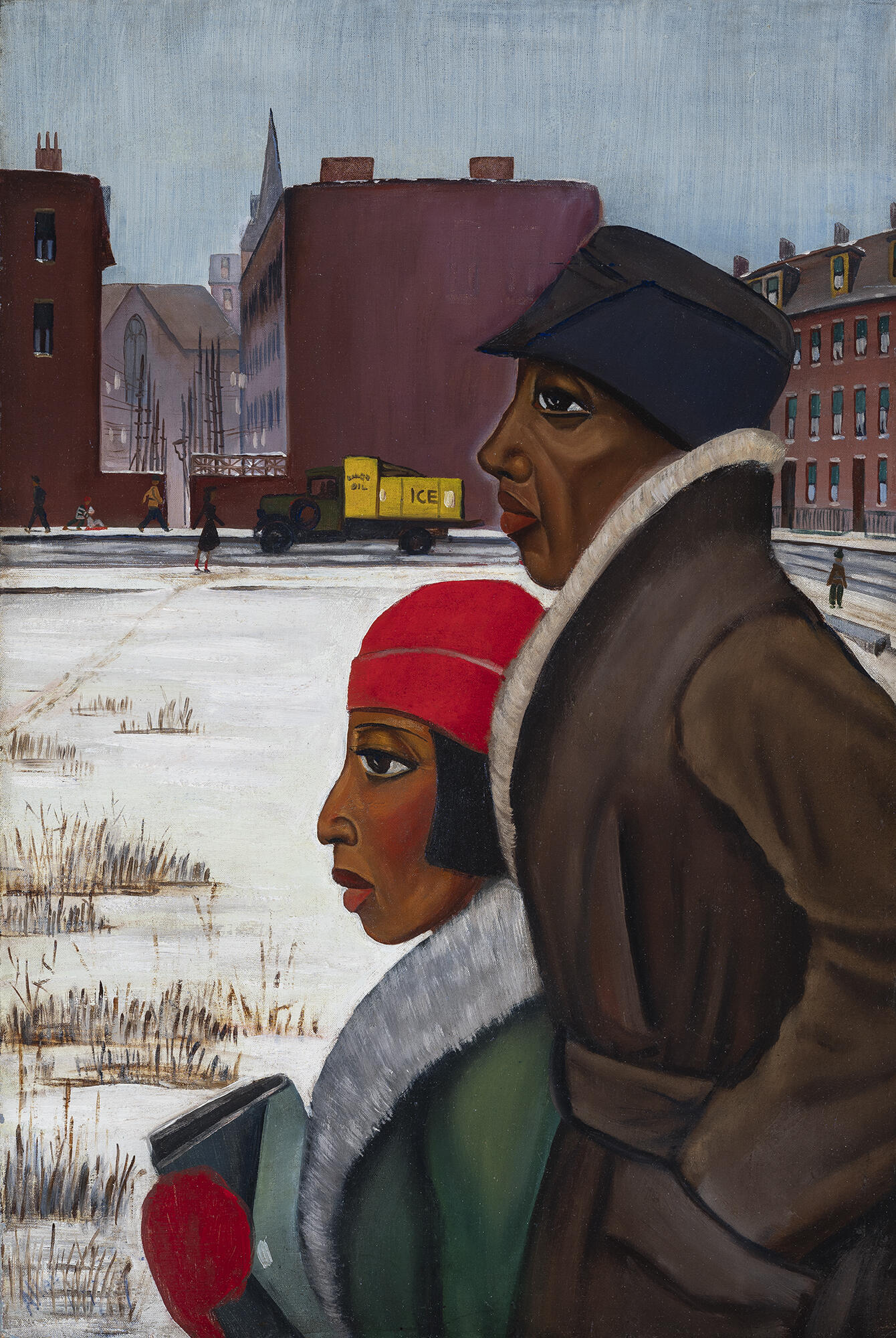 A Black woman and man wear winter clothes and walk in Boston’s South End neighborhood. There is a snow covered field and an ice truck in front of buildings.