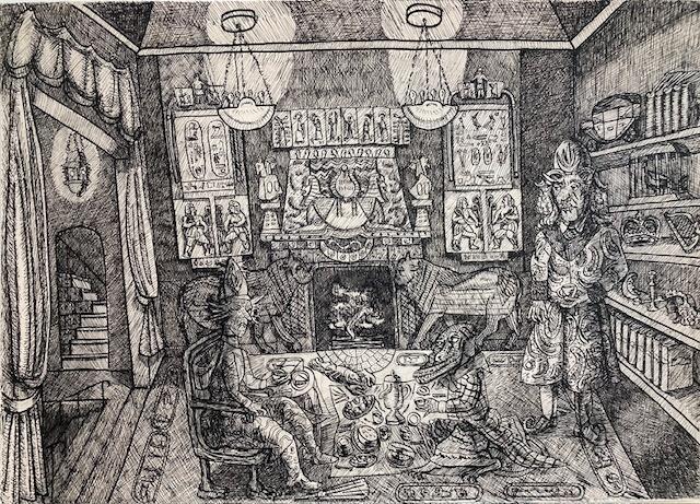 Black and white detailed line drawing of an indoor picnic with in a crowded room with two humans and assorted animals and unknown creatures by a fireplace. 